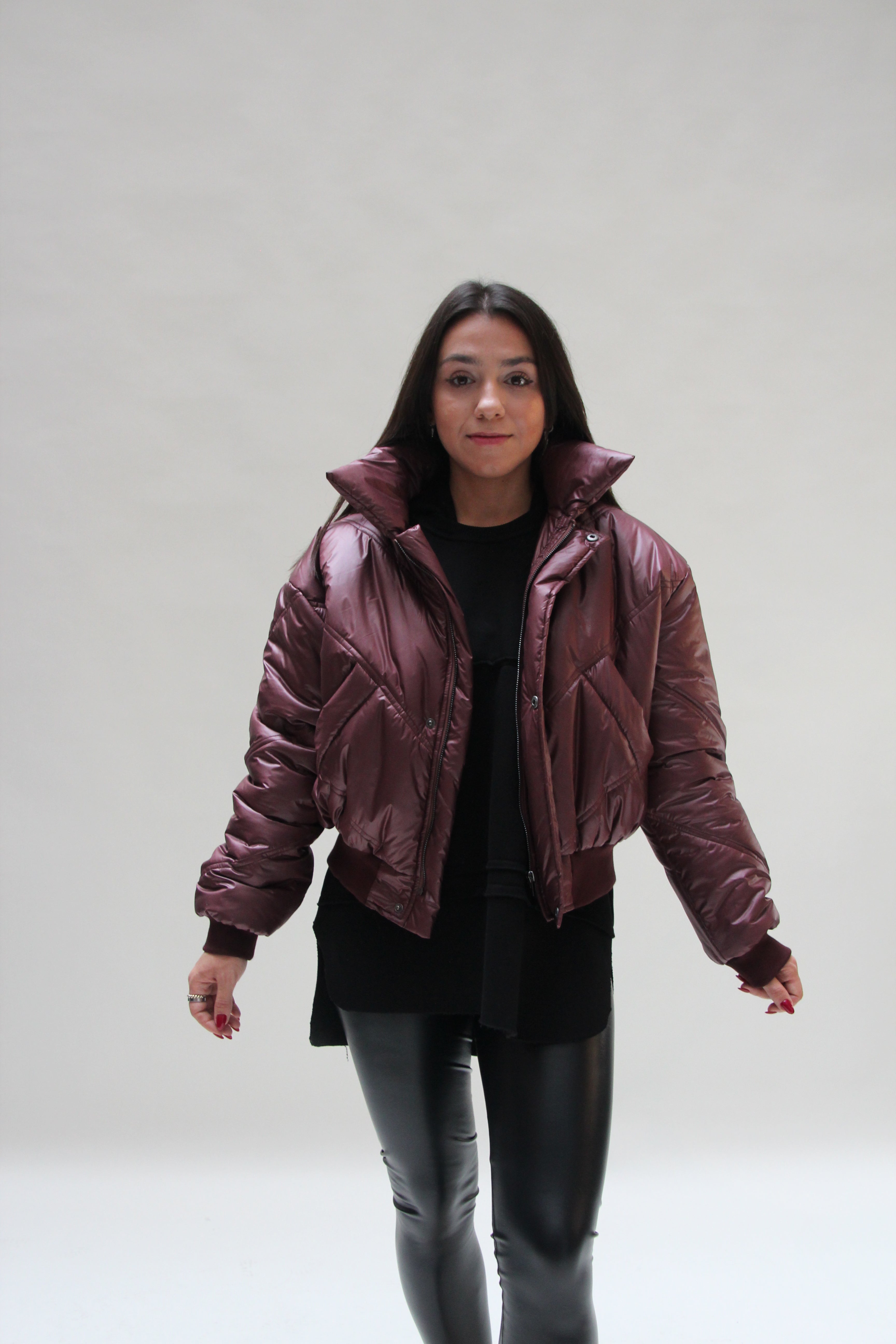 Burgundy cropped shop puffer jacket