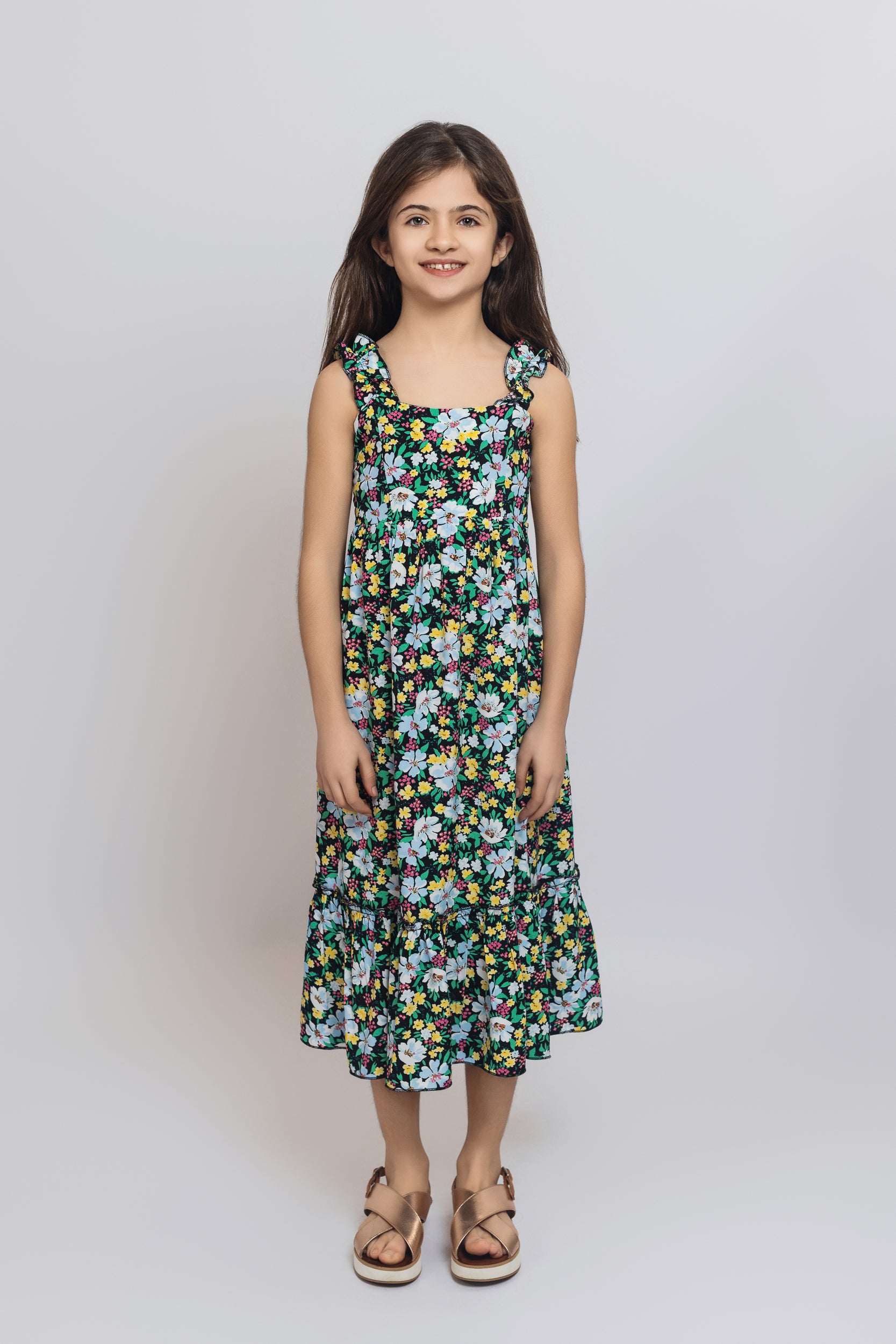 Floral Ruffled Dress For Girls - Pear
