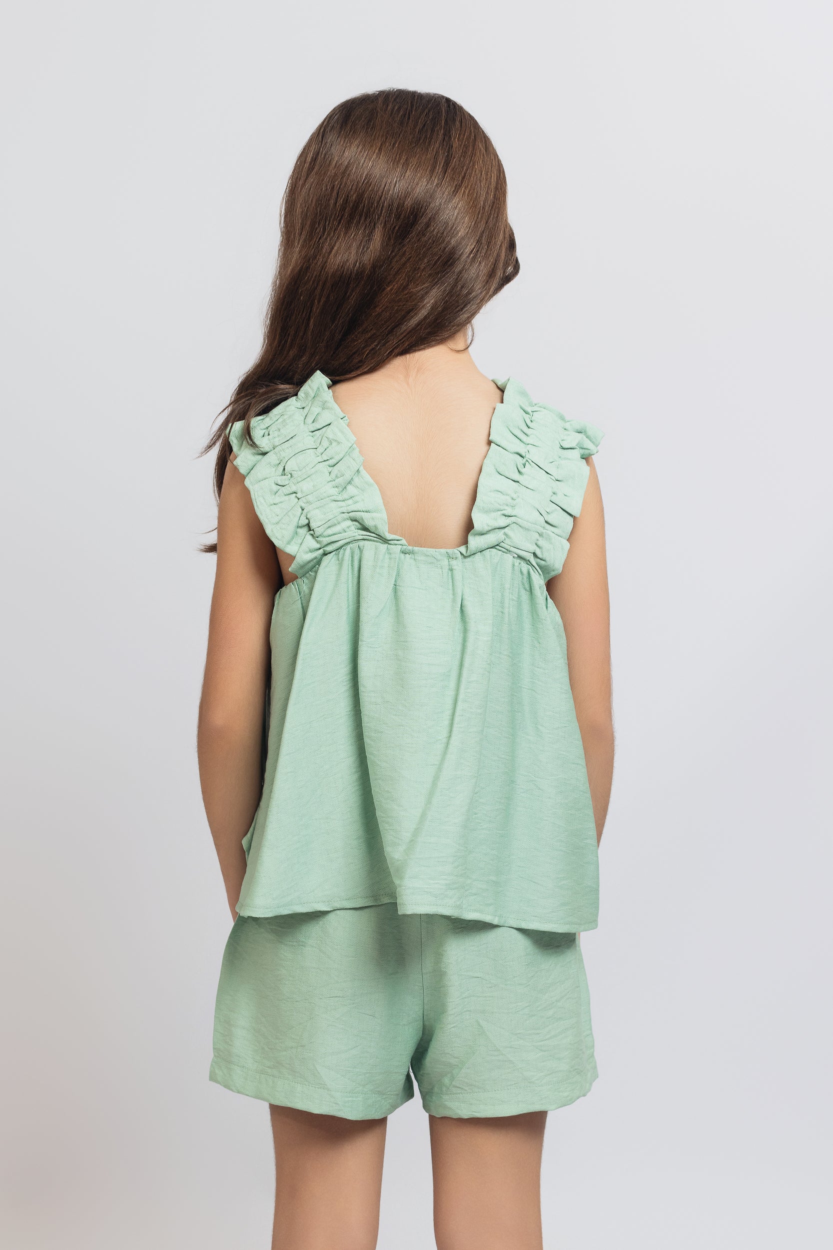 Ruffled Top with Short Set For Girls - Mint Green - Pear