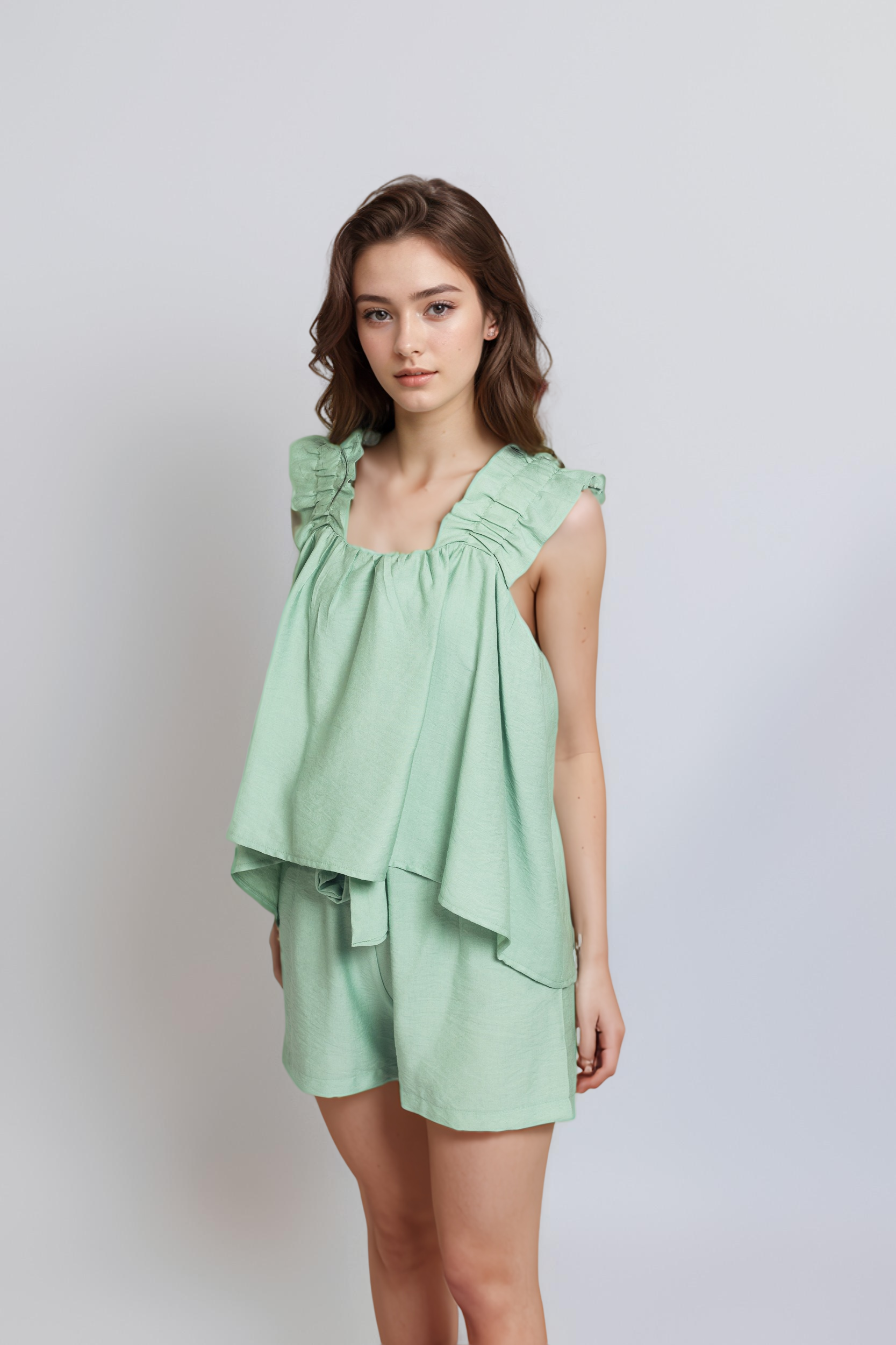 Ruffled Top + Short Set For Women - Mint Green - Pear