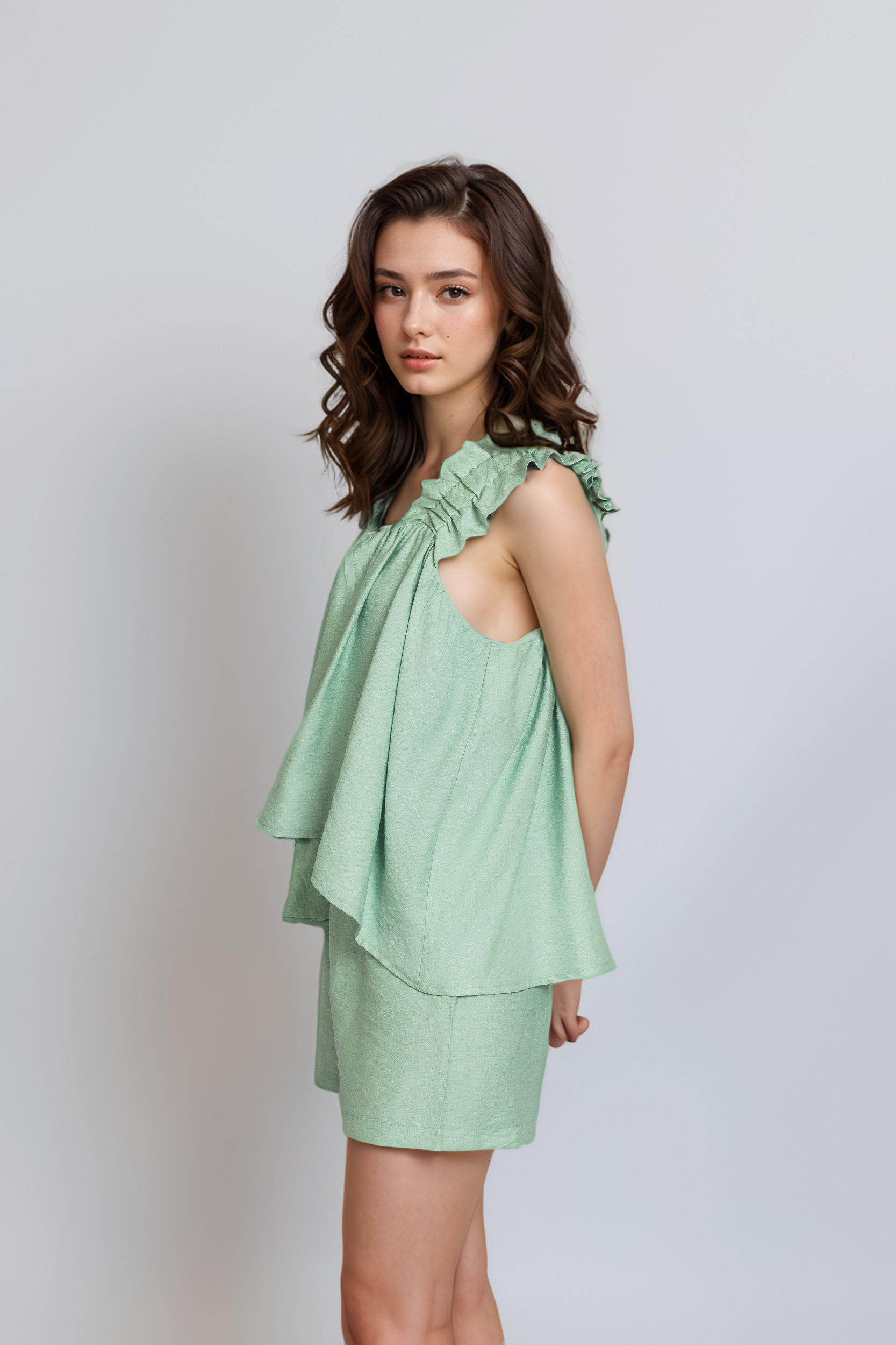 Ruffled Top + Short Set For Women - Mint Green - Pear