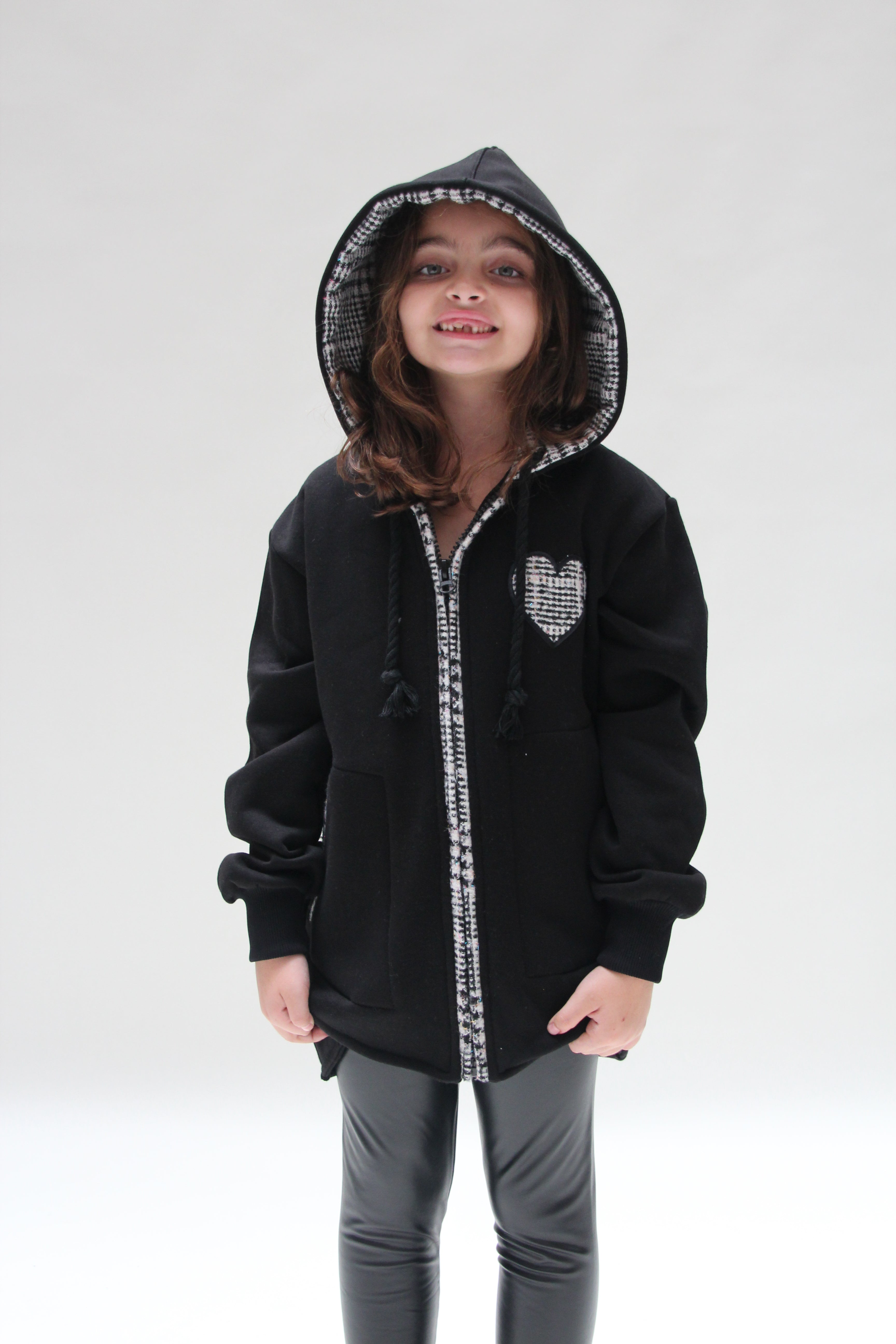 Oversized Ecossais Jacket For Girls - Black - Pear