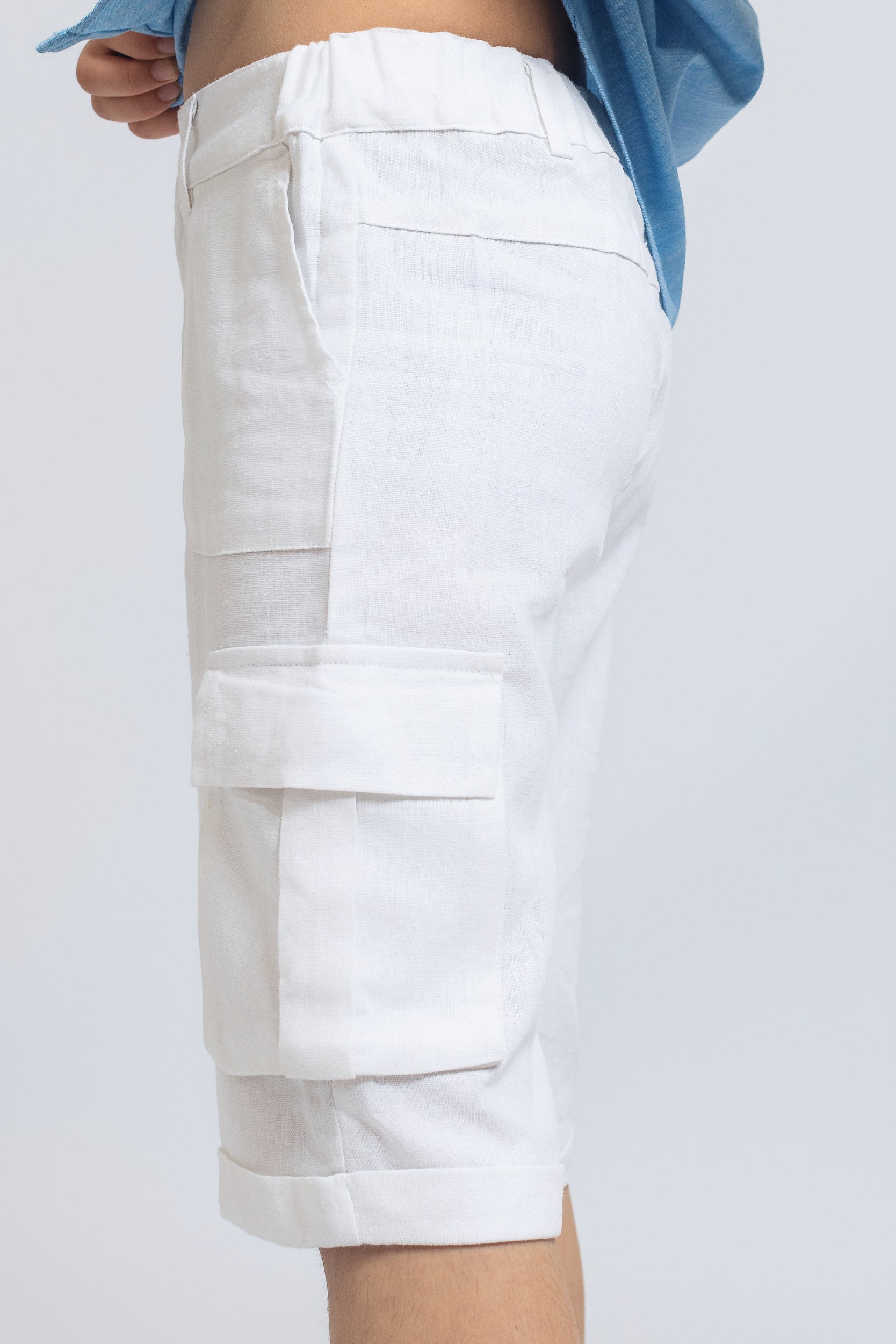 Linen Cargo Short For Boys - White - Pear