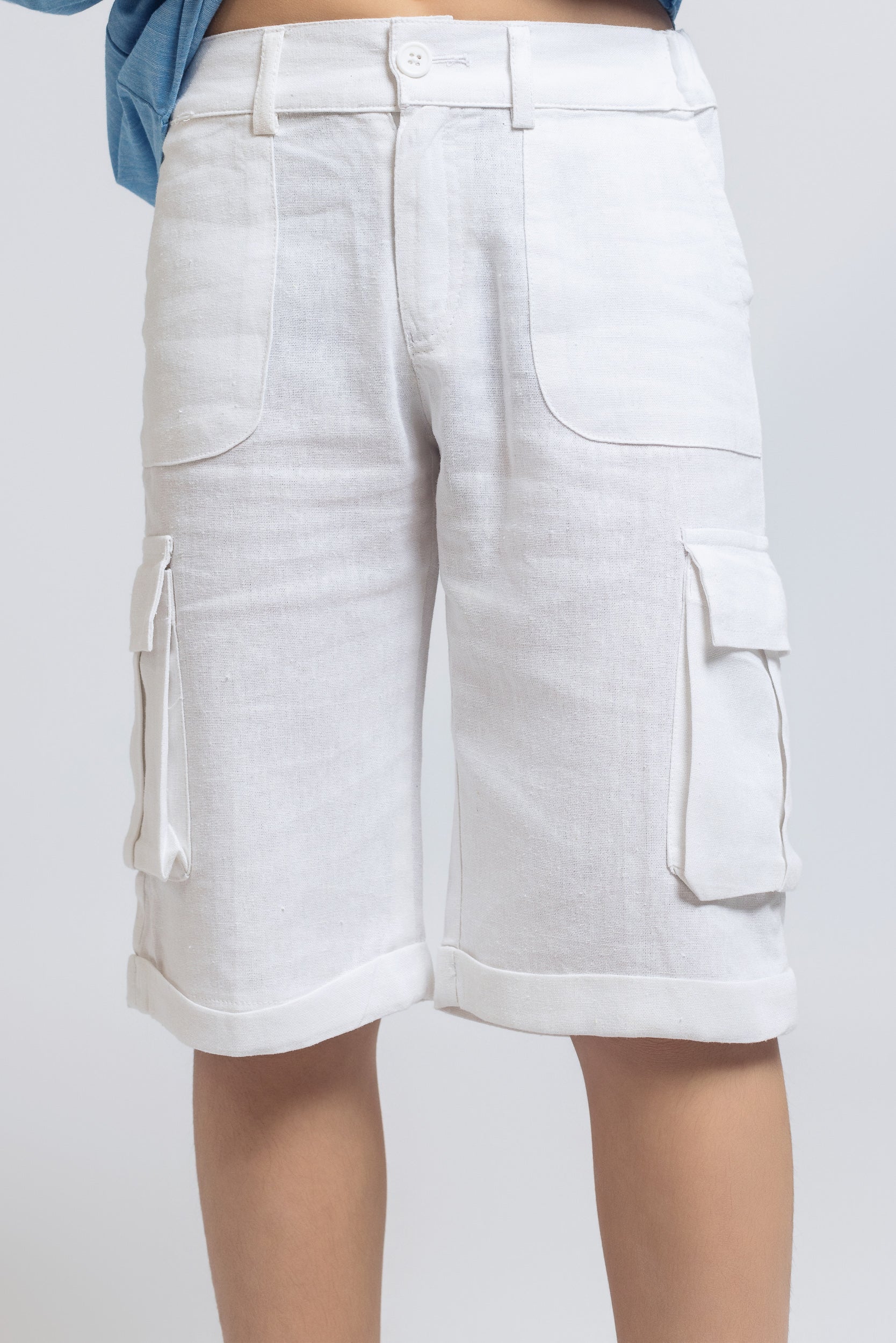 Linen Cargo Short For Boys - White - Pear