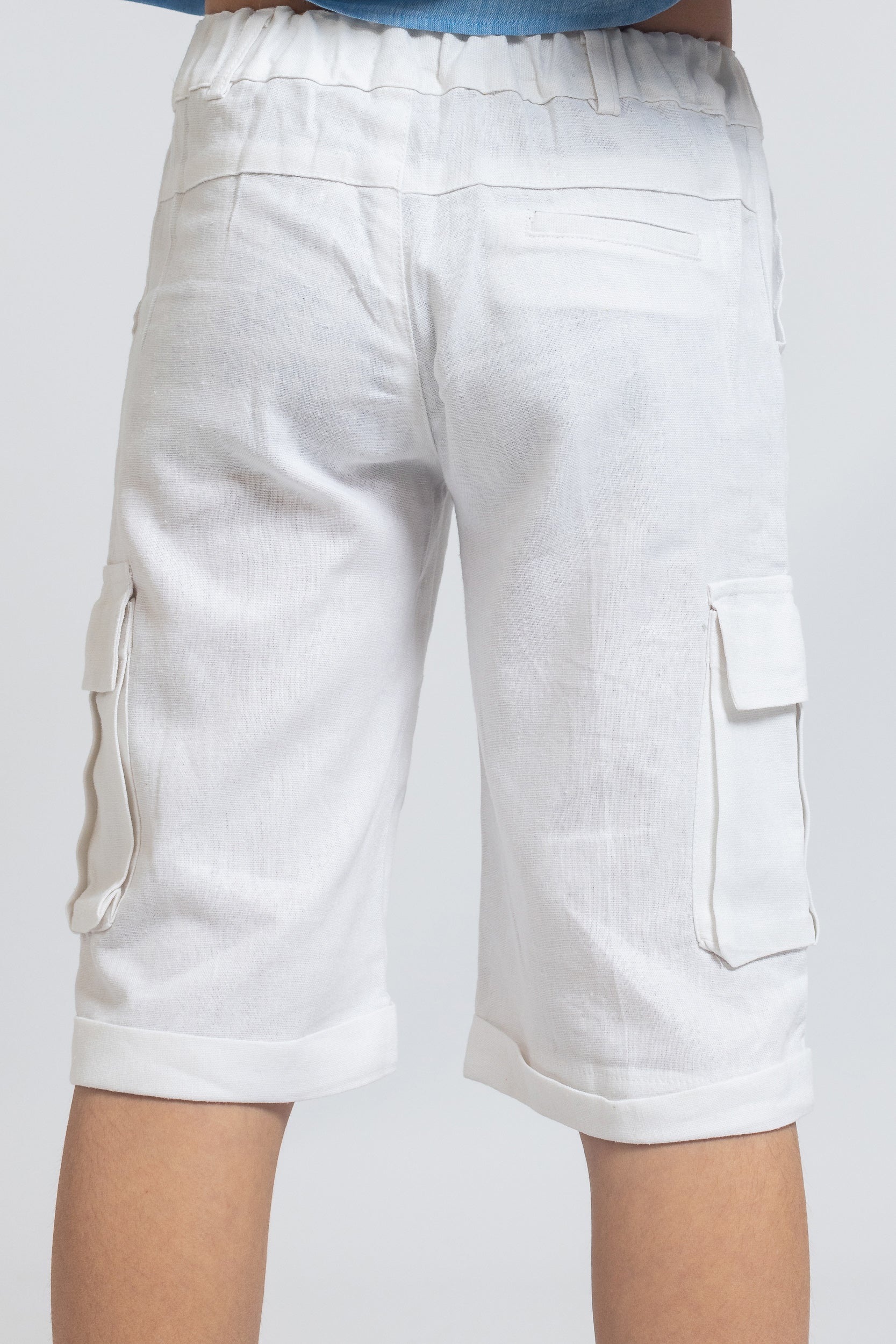 Linen Cargo Short For Boys - White - Pear
