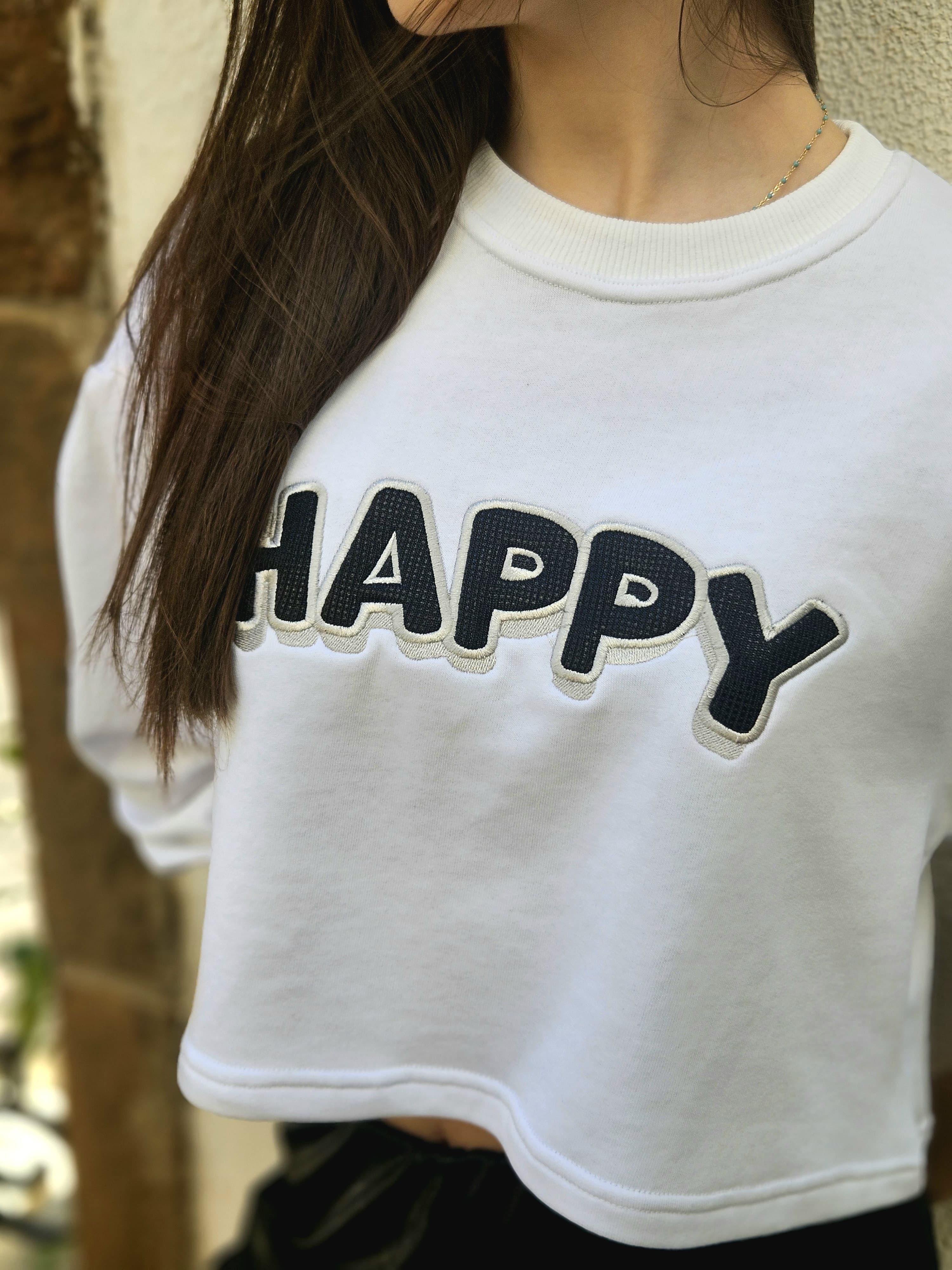 Happy Embroidered Sweatshirt - Pear