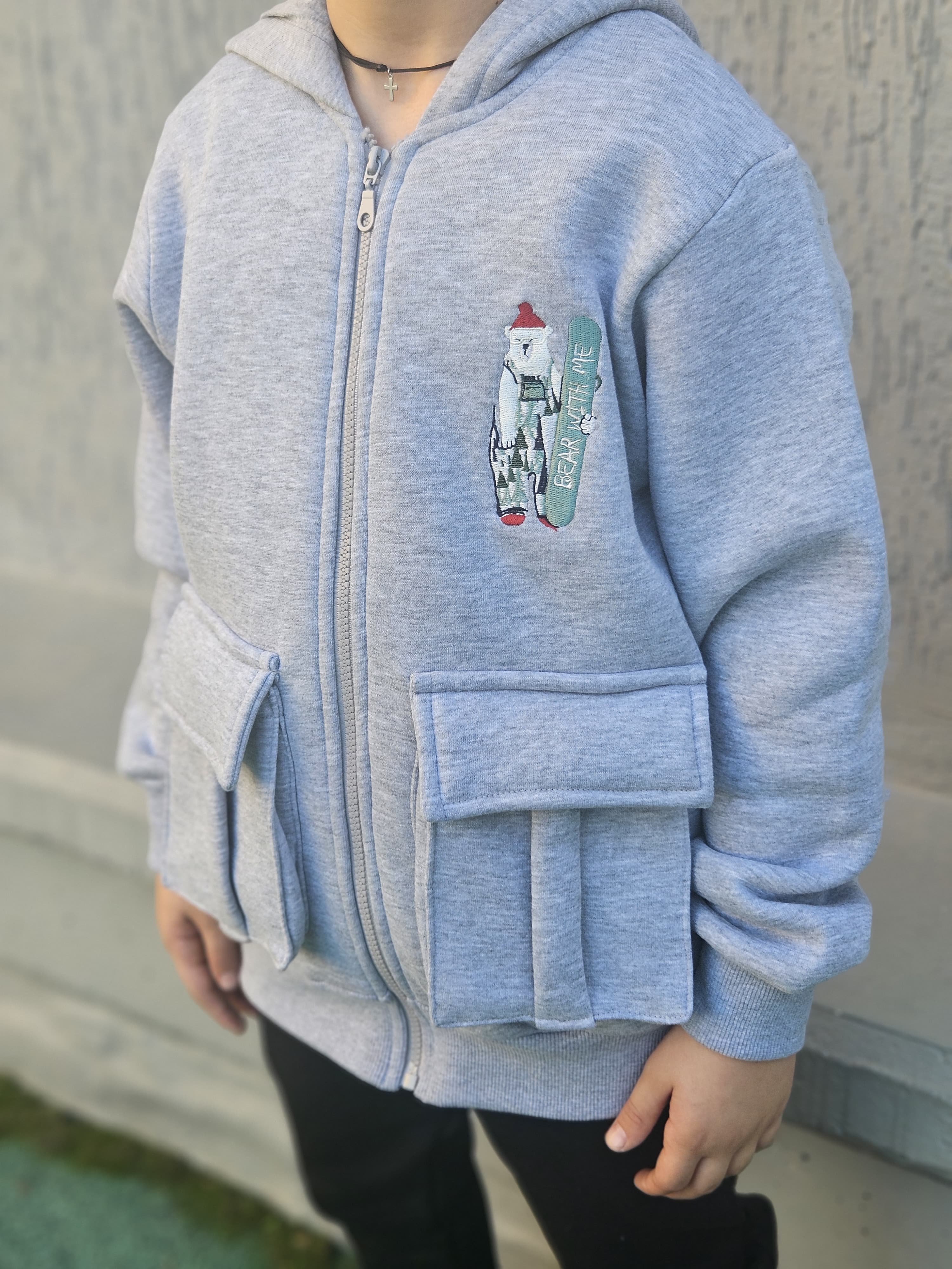 Bear Embroidered Fleece Jacket - Pear