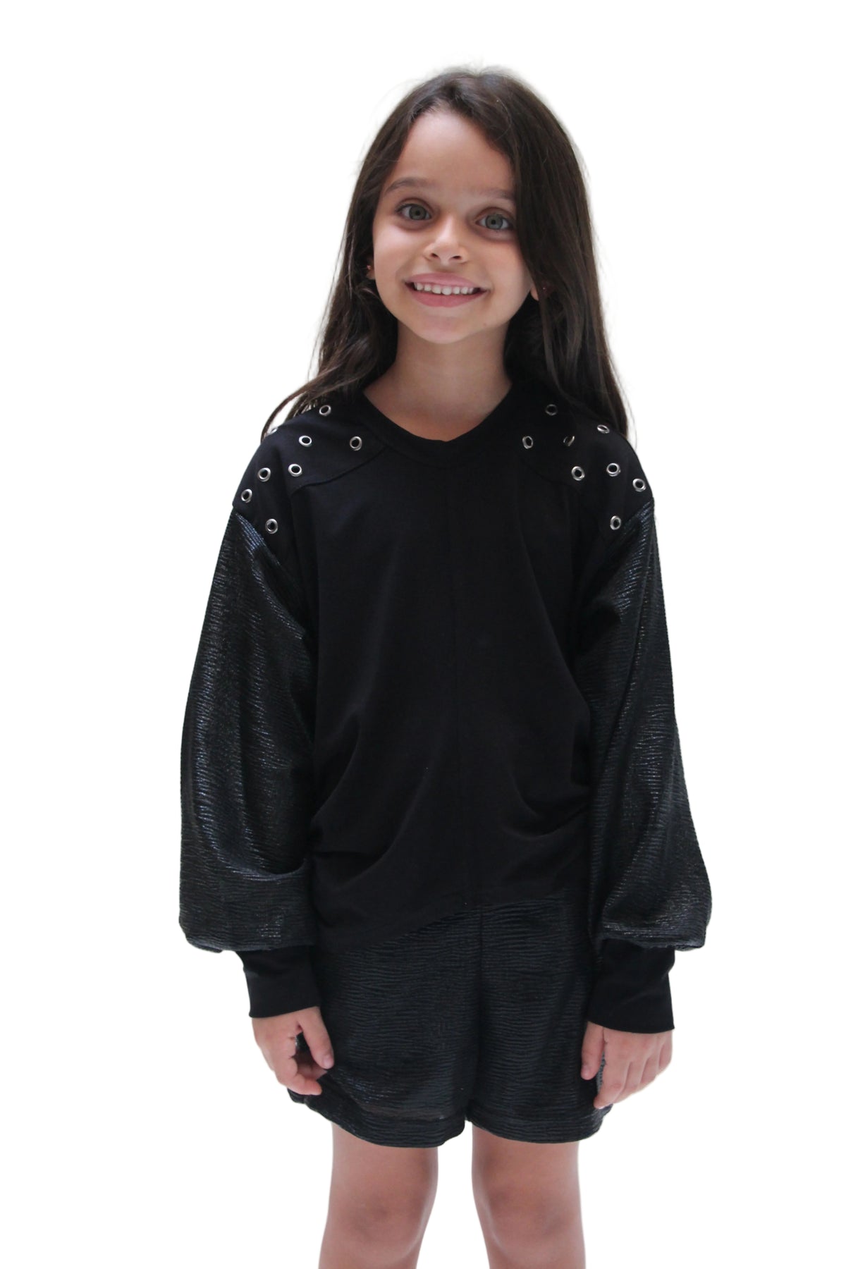 Studded Top with Shiny Sleeves For Girls - Black - Pear