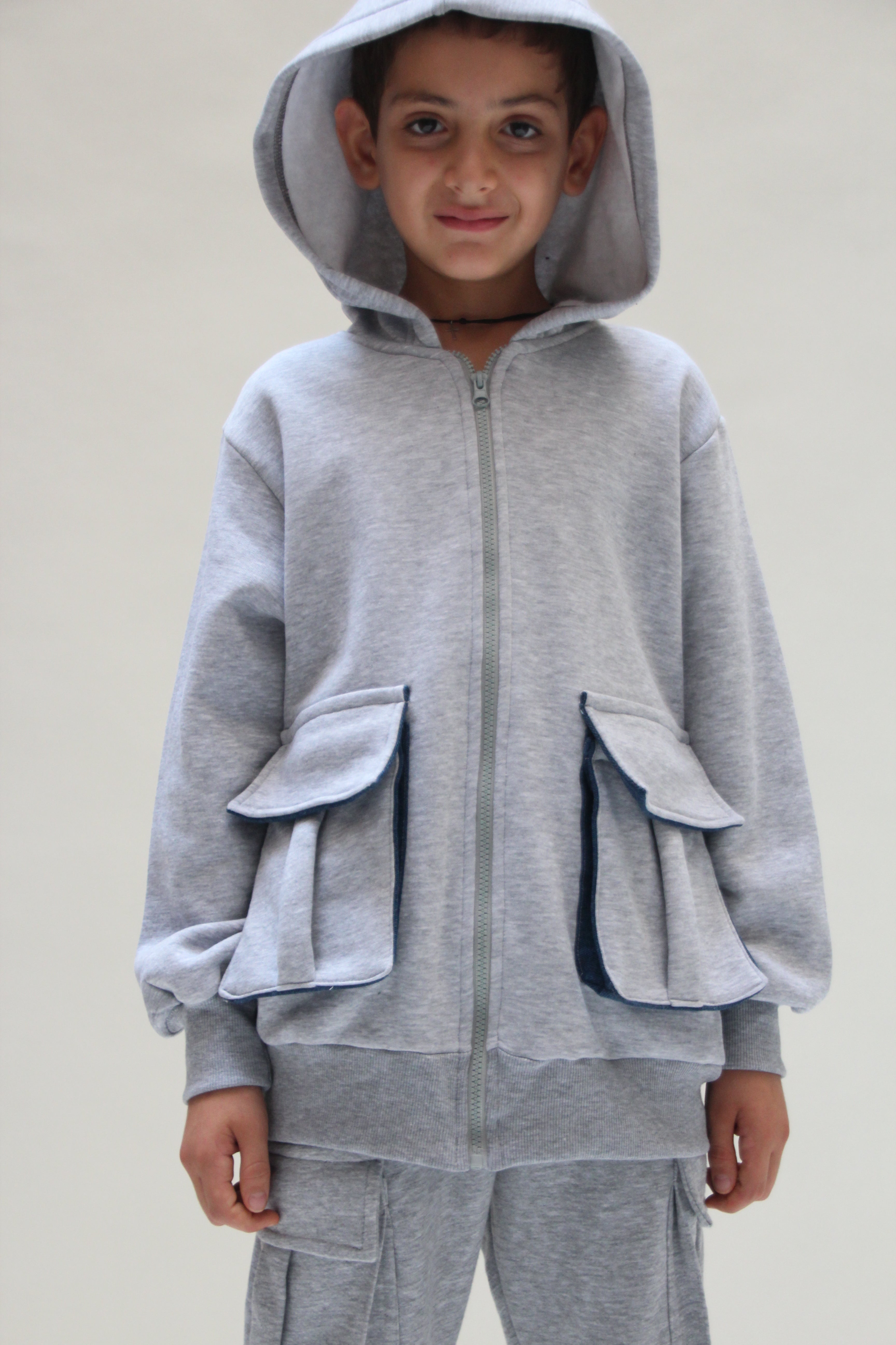 Hooded Denim Jacket For Boys - Grey - Pear