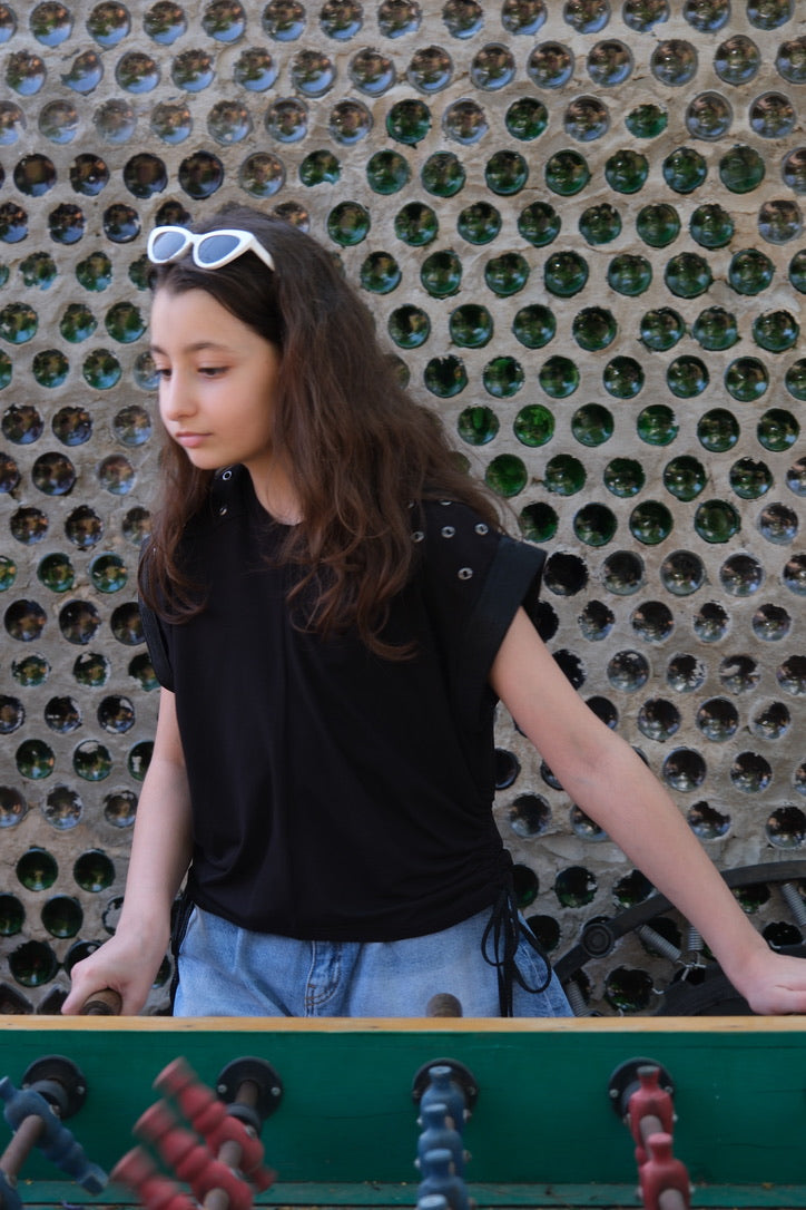 Studded Shoulder Top For Girls - Black - Pear