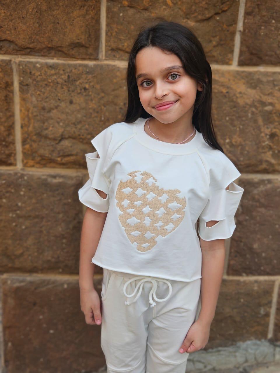 Heart Embroidered Top With Cutout Sleeves - Girls