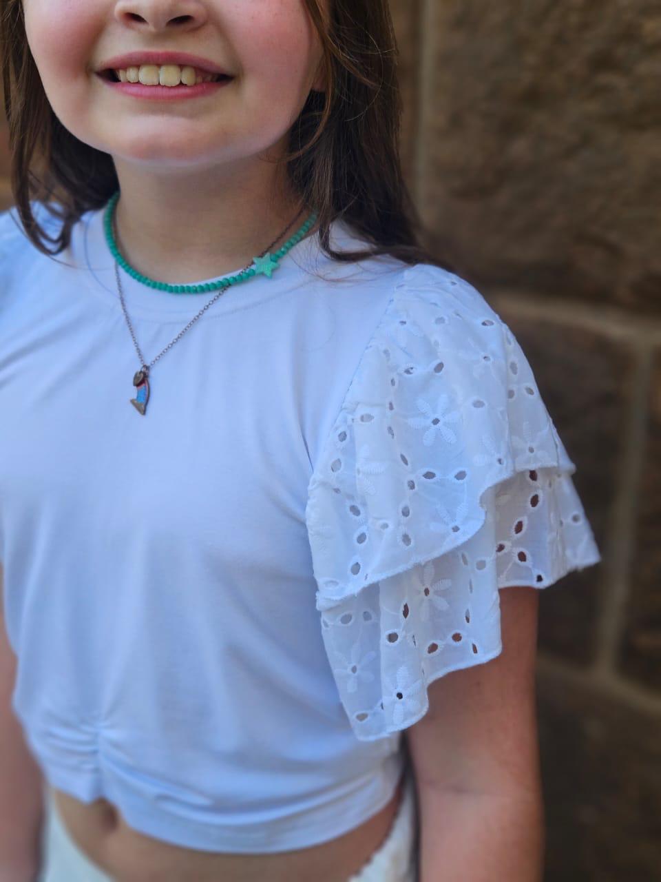 Top With Broderie Anglaise Sleeves - Girls