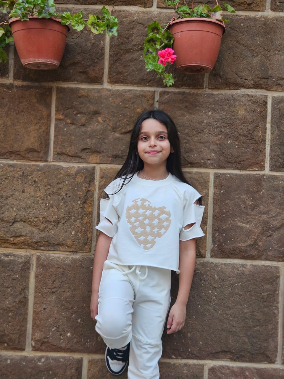 Heart Embroidered Top With Cutout Sleeves - Girls