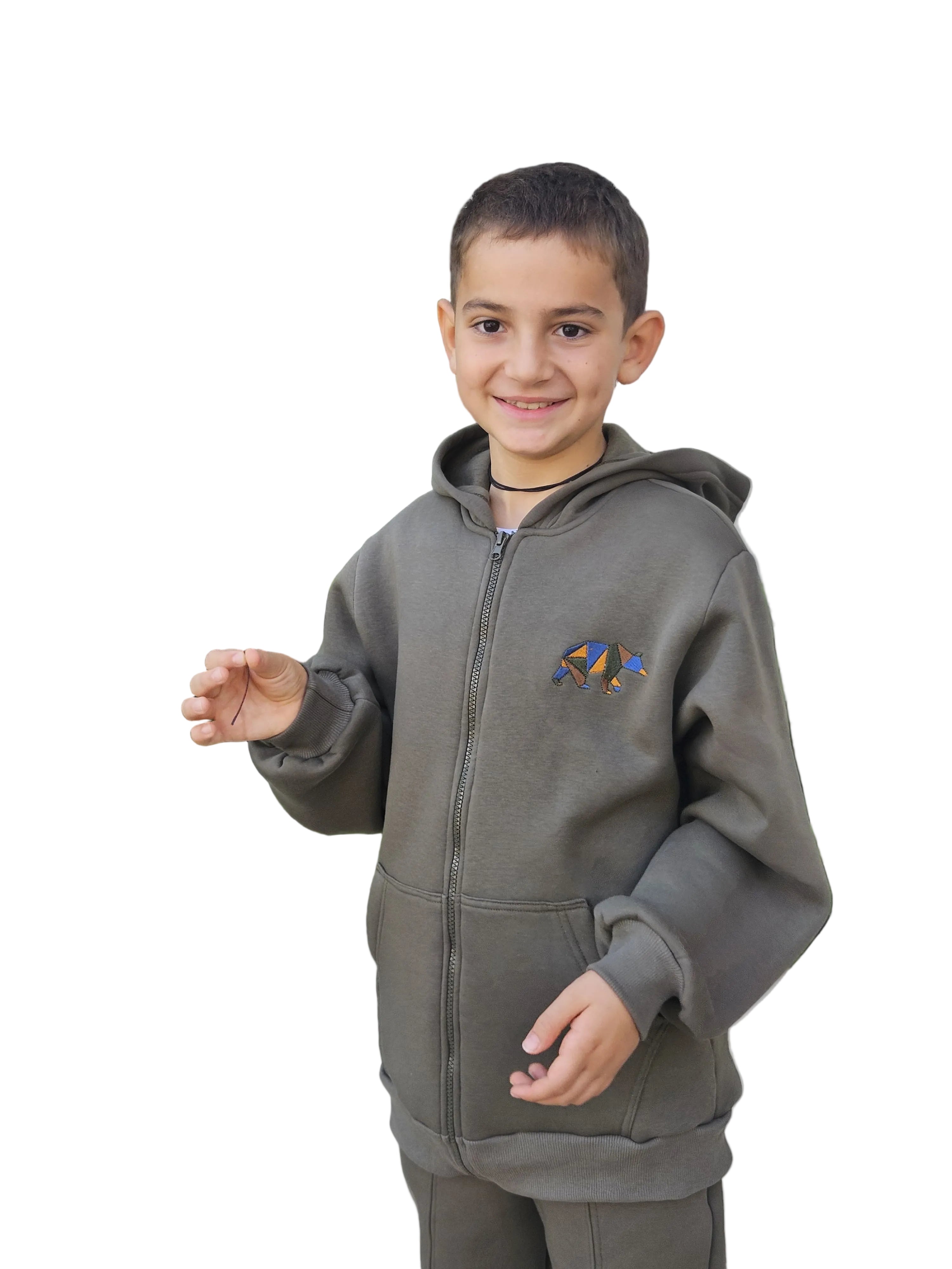 Bear Embroidered Fleece Jacket with Hoodie