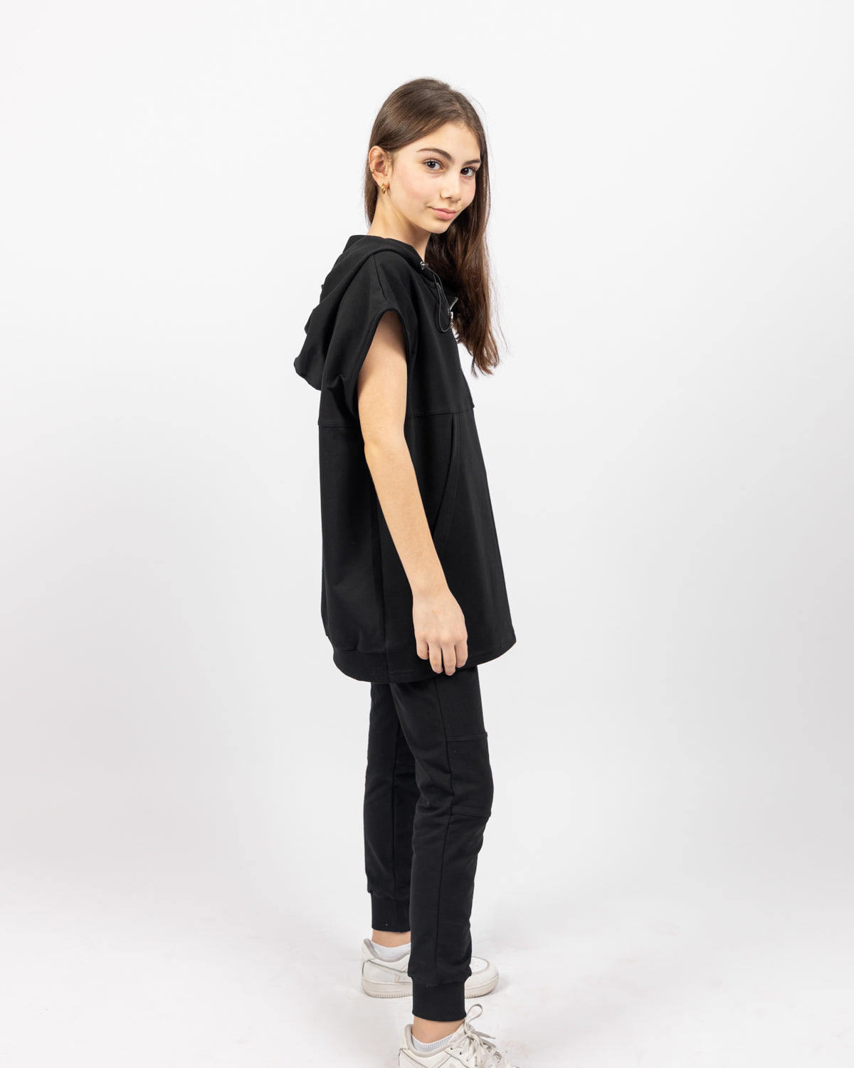 Oversized Hoodie with Zip For Girls - Black - Pear
