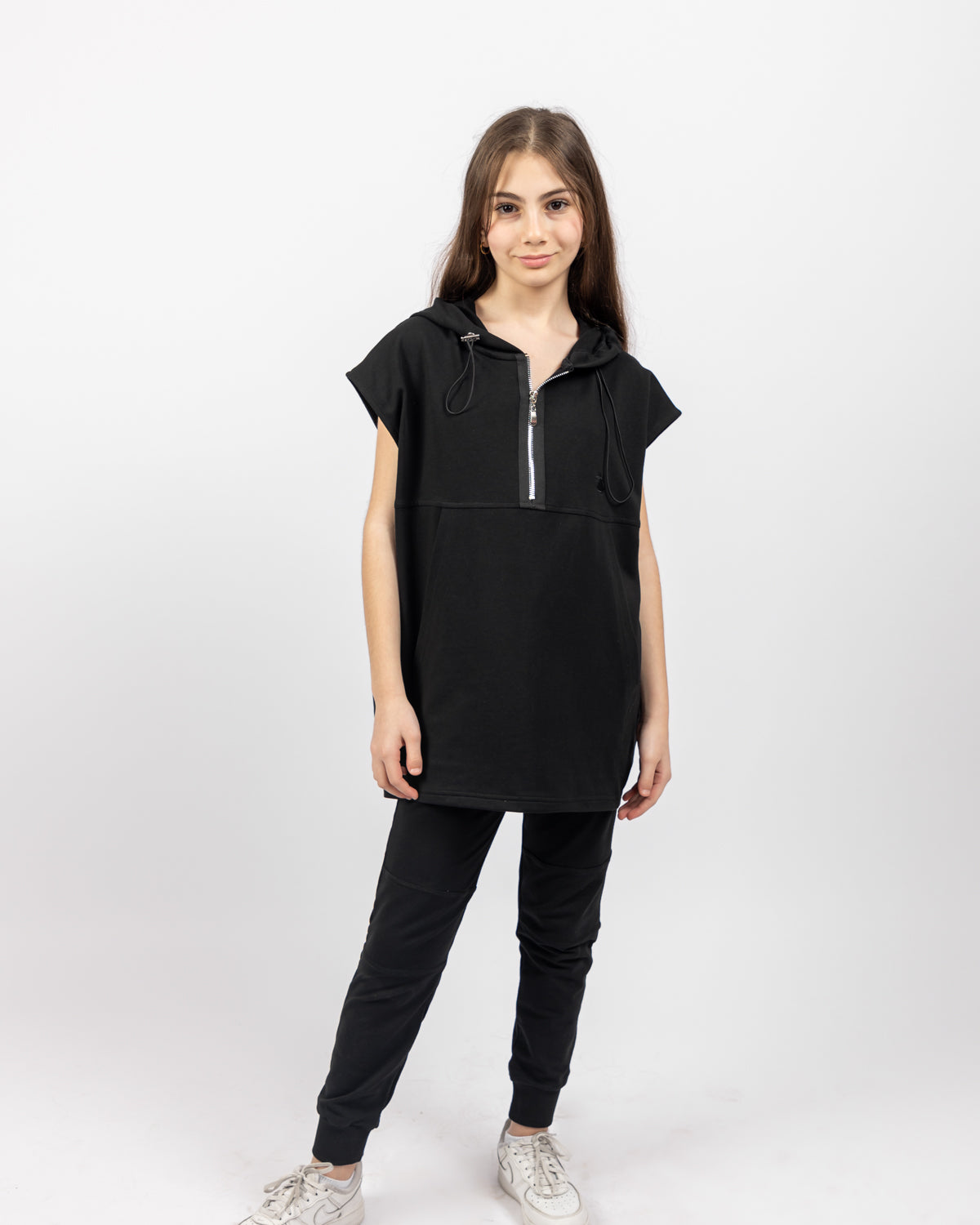 Oversized Hoodie with Zip For Girls - Black - Pear