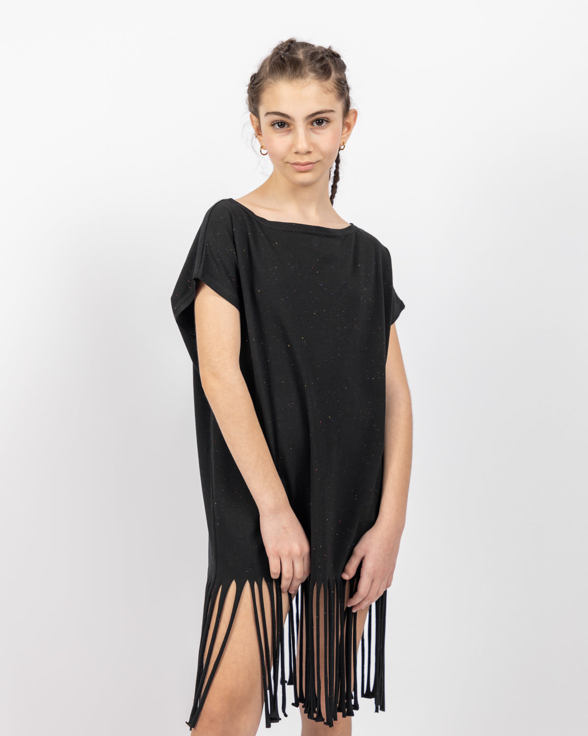 Ribbed Dress With Fringes For Girls -Black - Pear