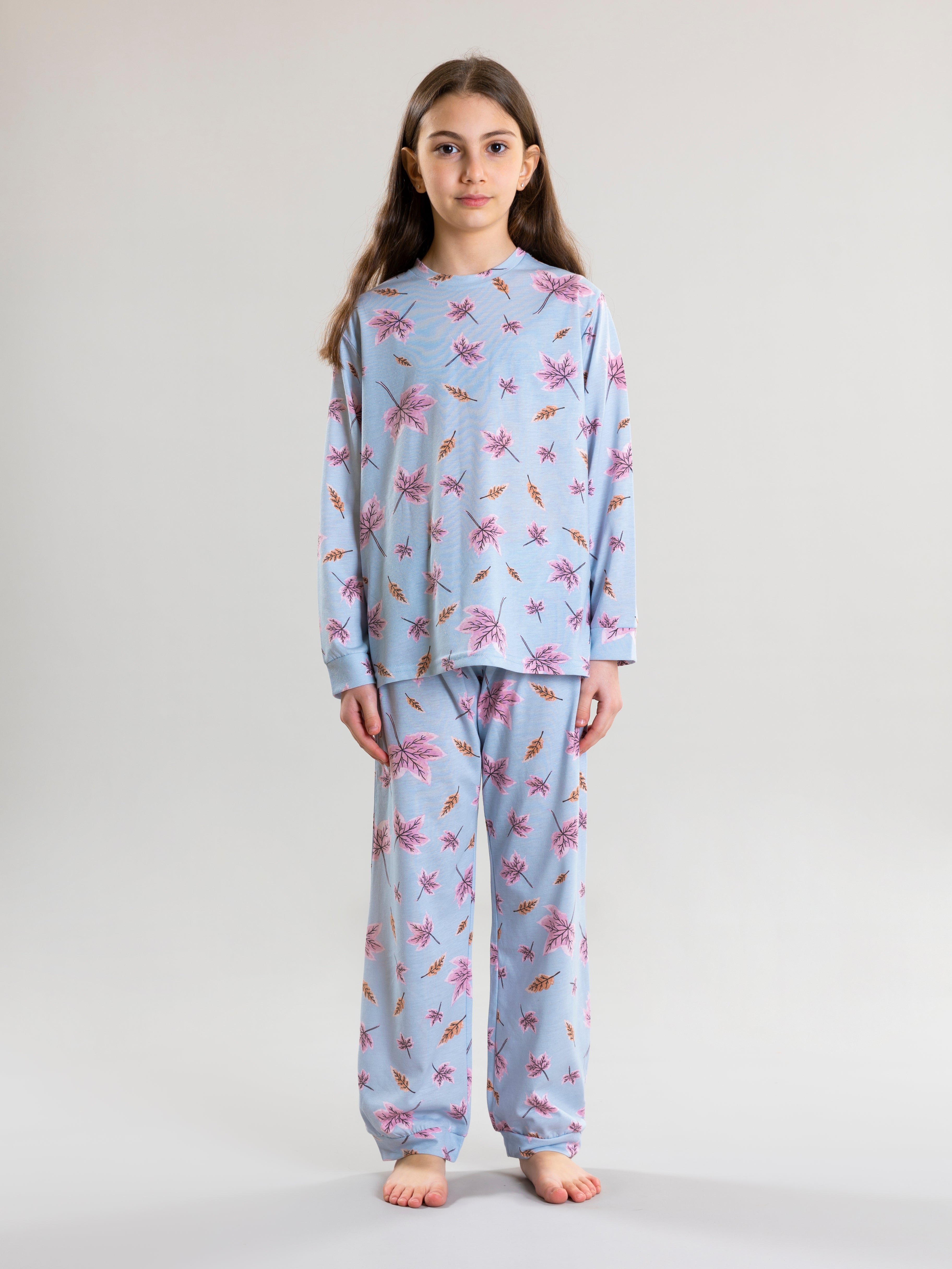 Autumn Leaves Pyjama Set For Girls - Blue - Pear