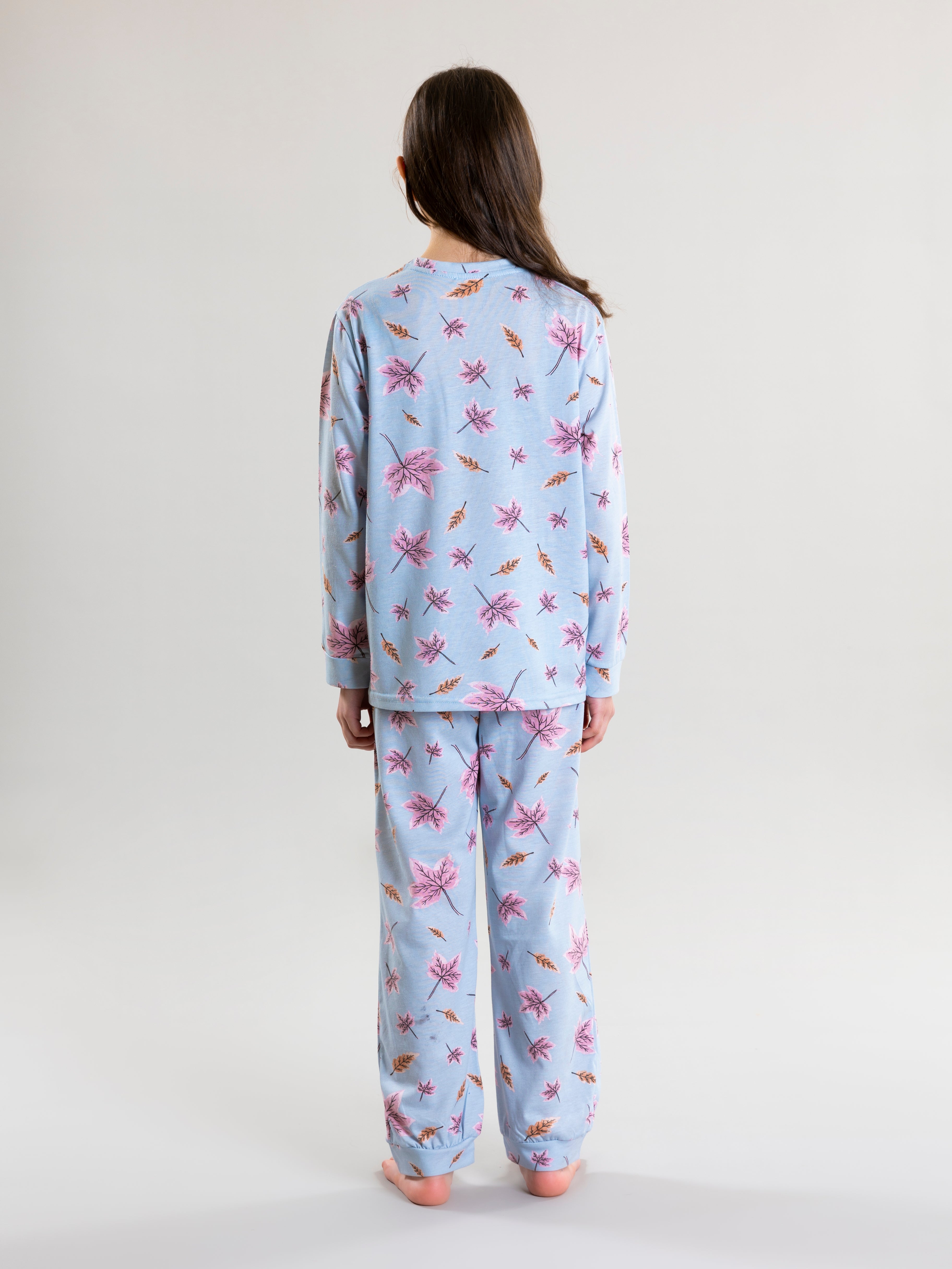 Autumn Leaves Pyjama Set For Girls - Blue - Pear