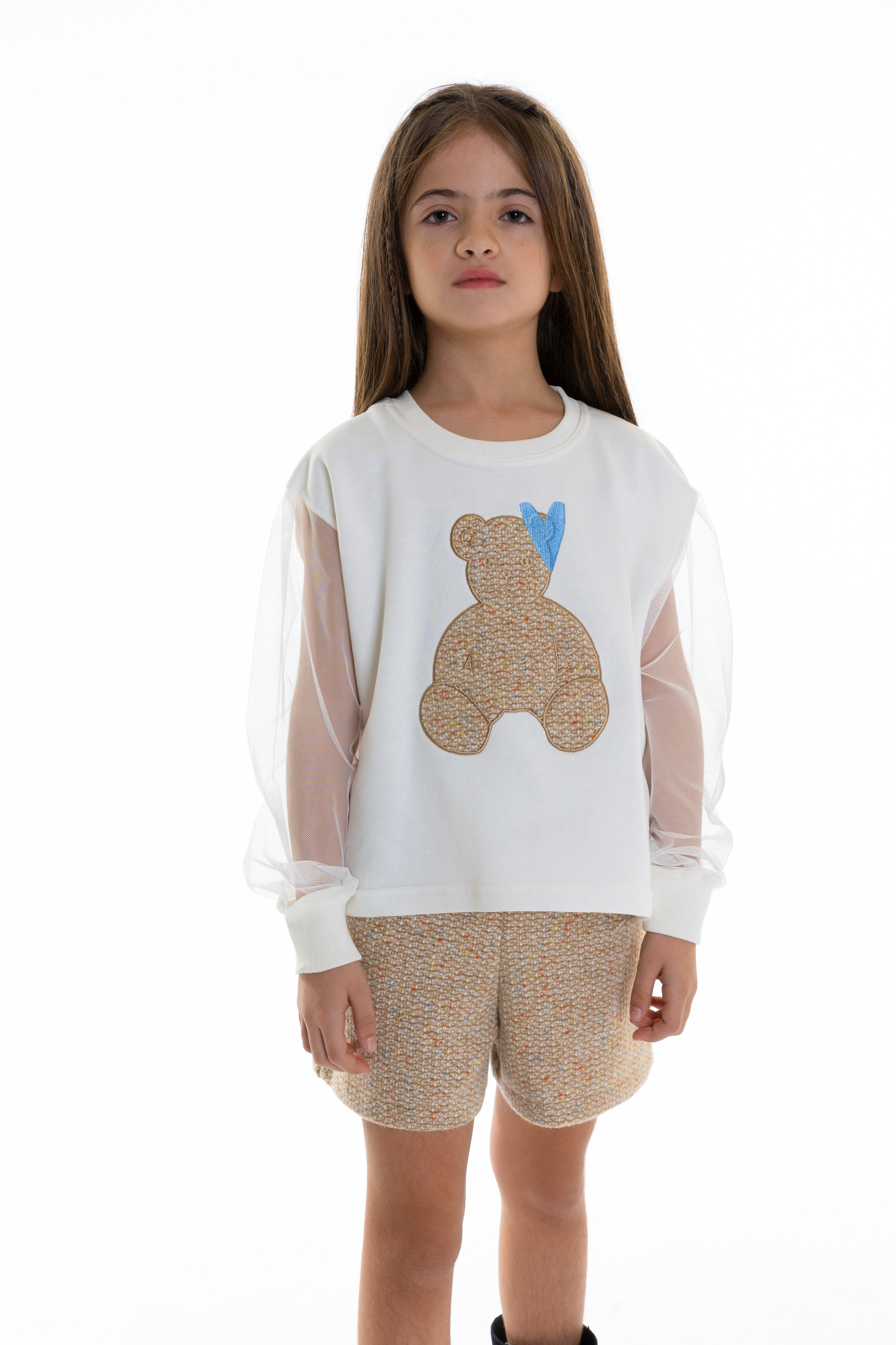 Teddy Bear Sweatshirt with Mousseline Sleeves For Girls - Off White - Pear