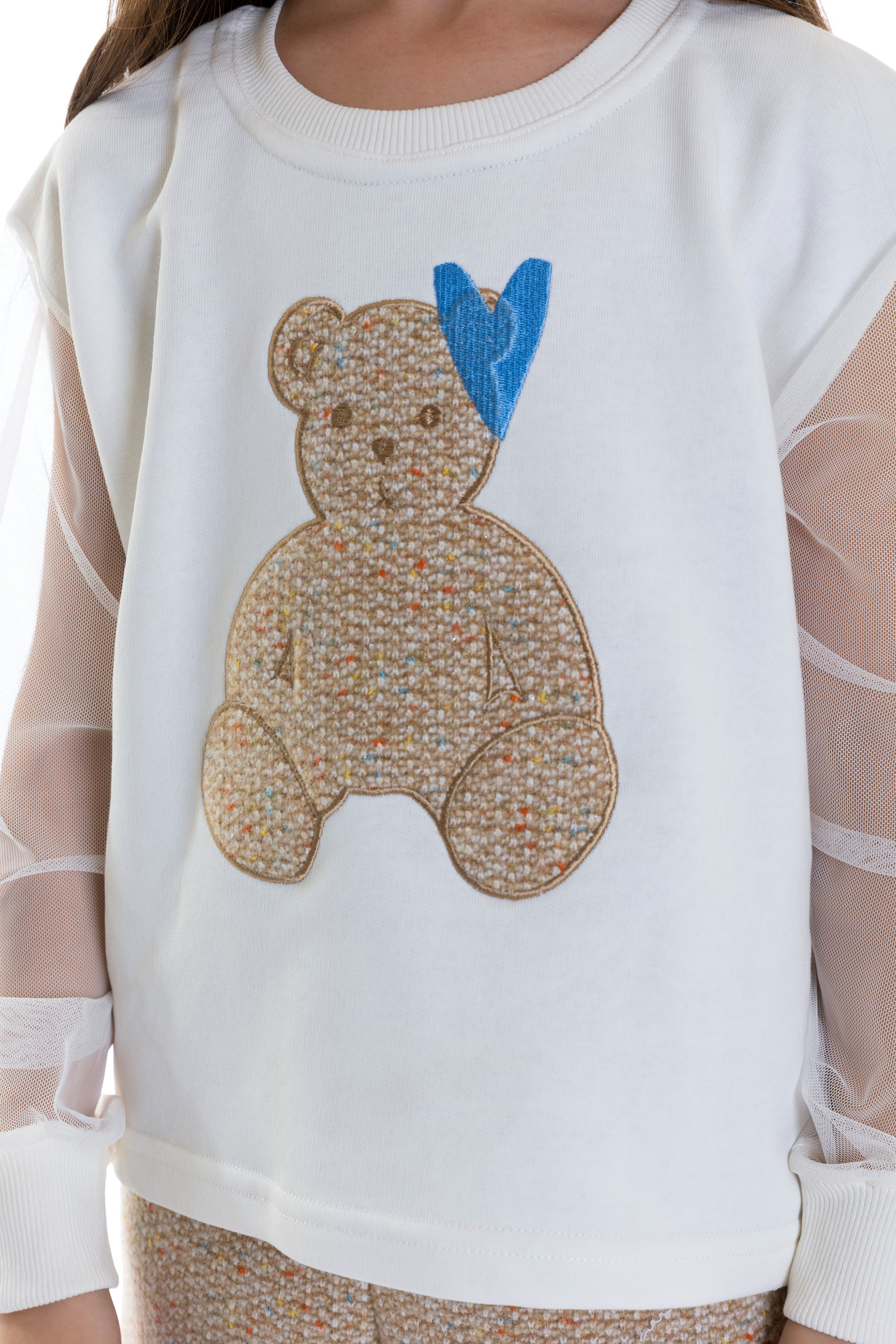 Teddy Bear Sweatshirt with Mousseline Sleeves For Girls - Off White - Pear