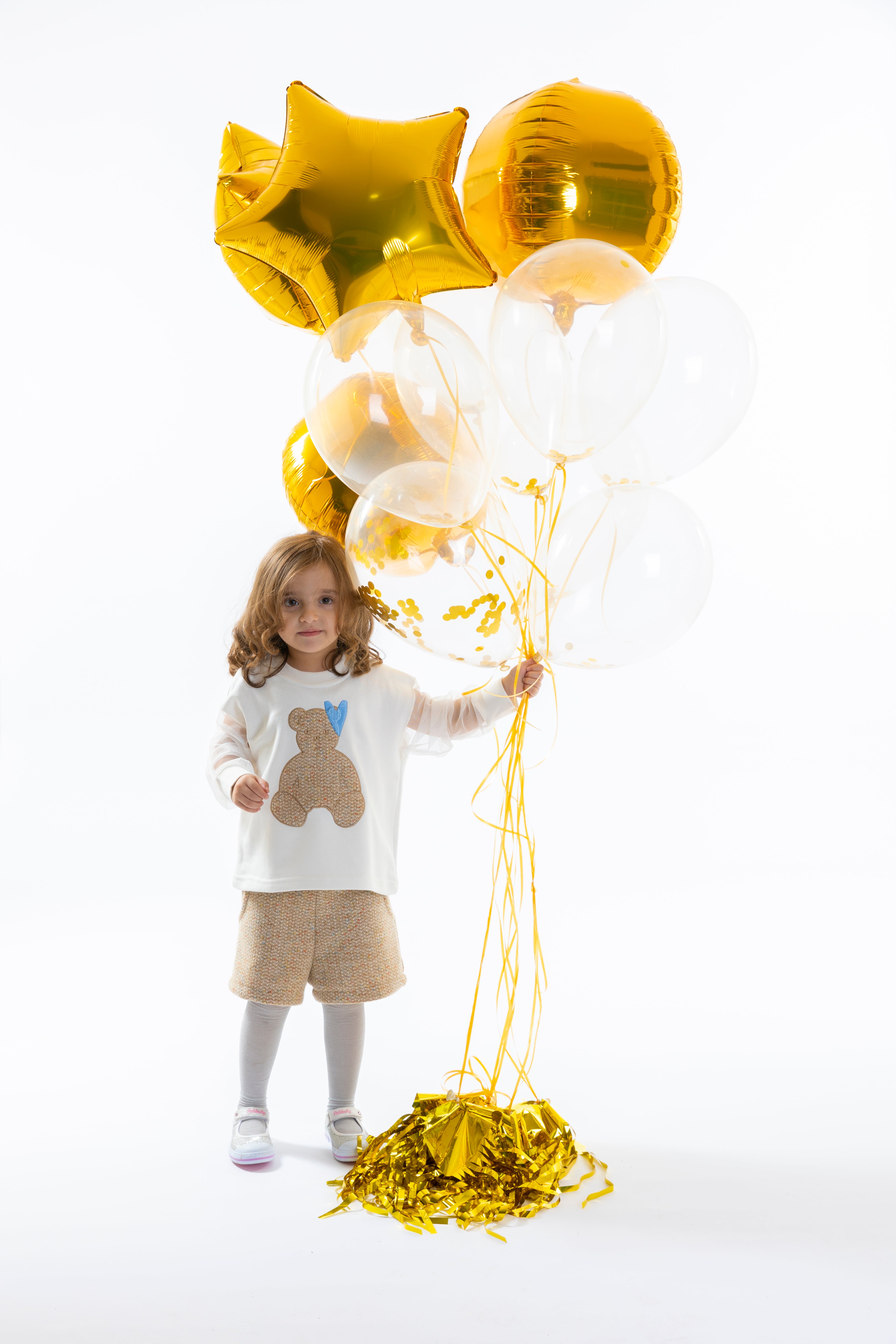 Teddy Bear Sweatshirt with Mousseline Sleeves For Girls - Off White - Pear