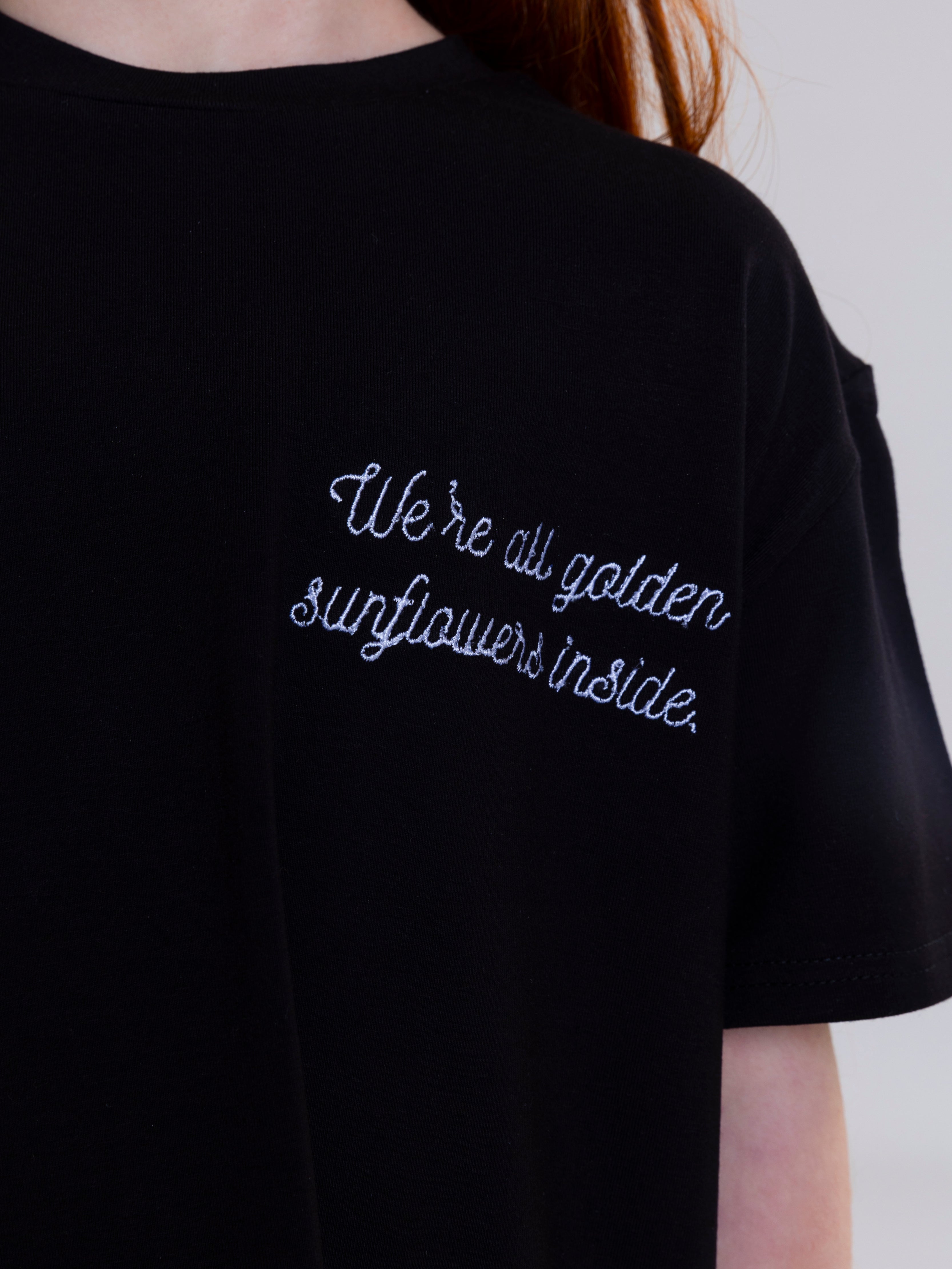 Sunflower Embroidred For Girls T-Shirt - Black - Pear