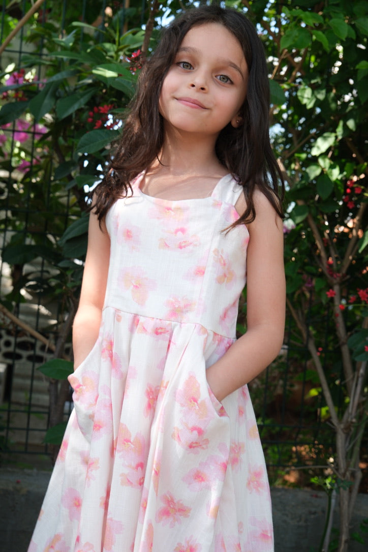 Floral Dress with Bow Knots For Girls - White