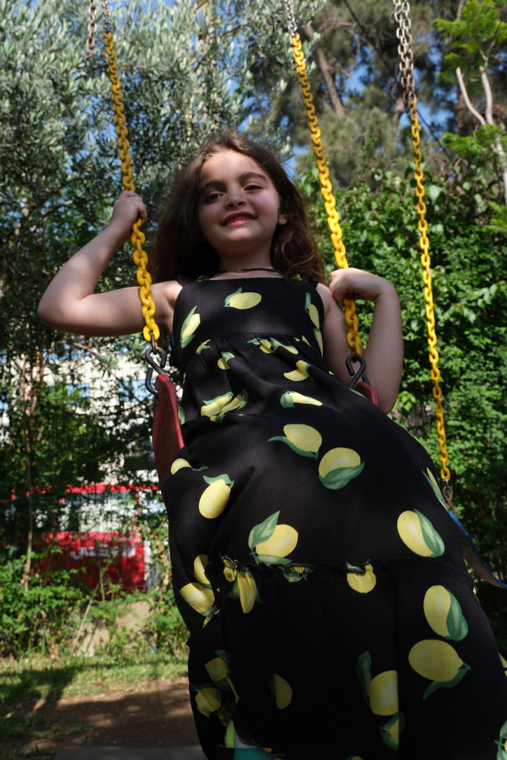 Lemon Print Long Dress For Girls - Black