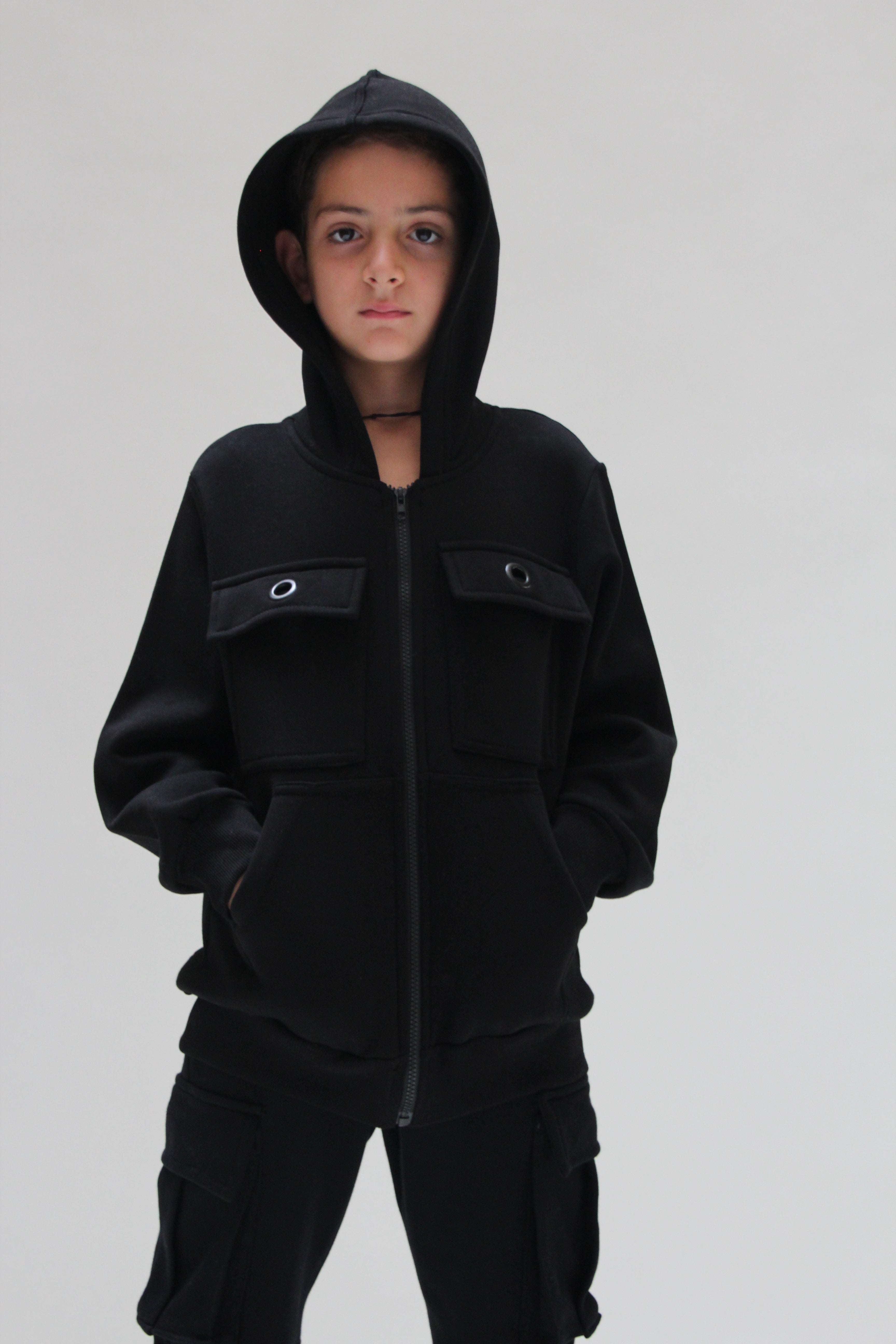 Hooded Jacket with Cargo pockets For Boys - Black