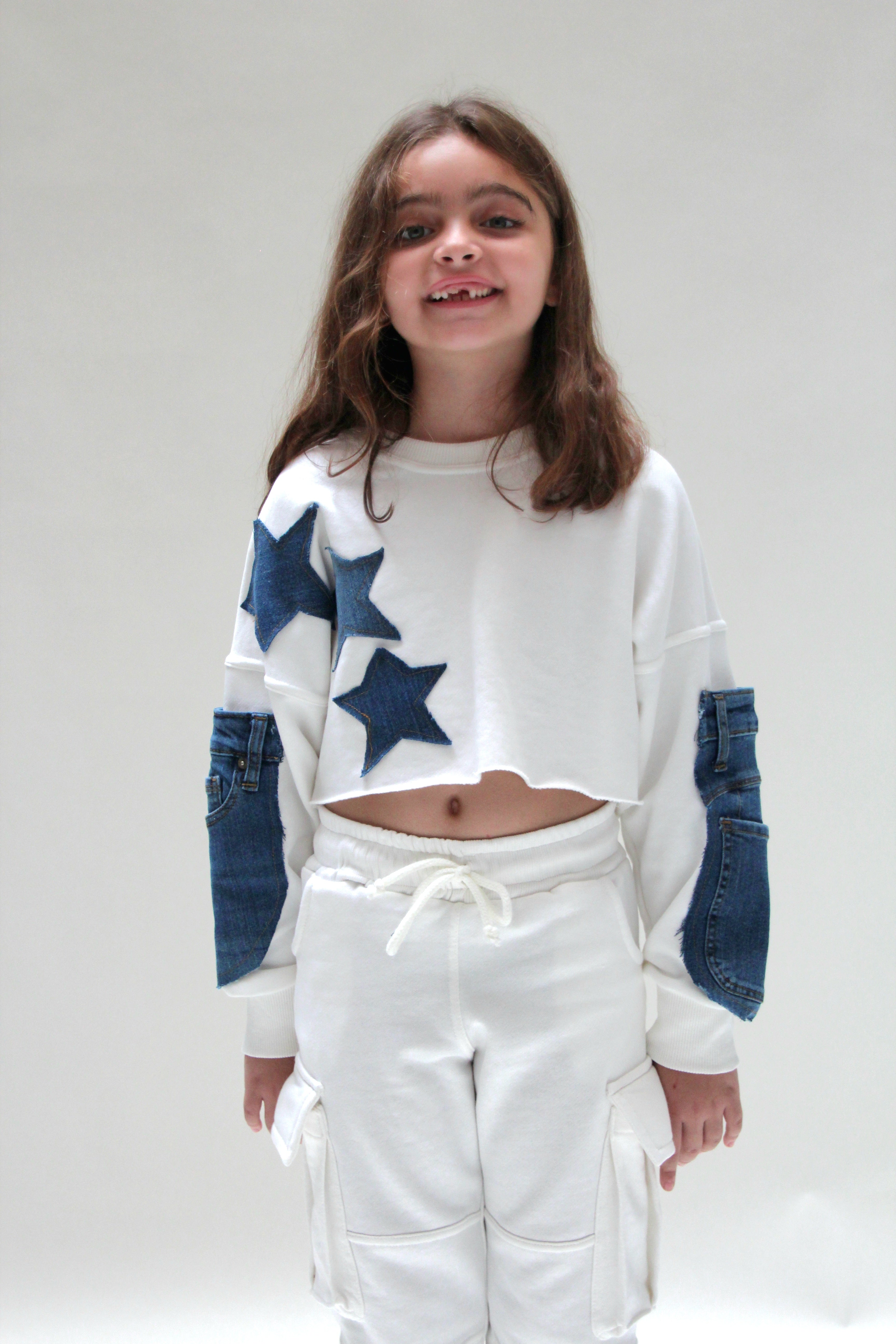 Denim Crop Sweatshirt For Girls - Off White