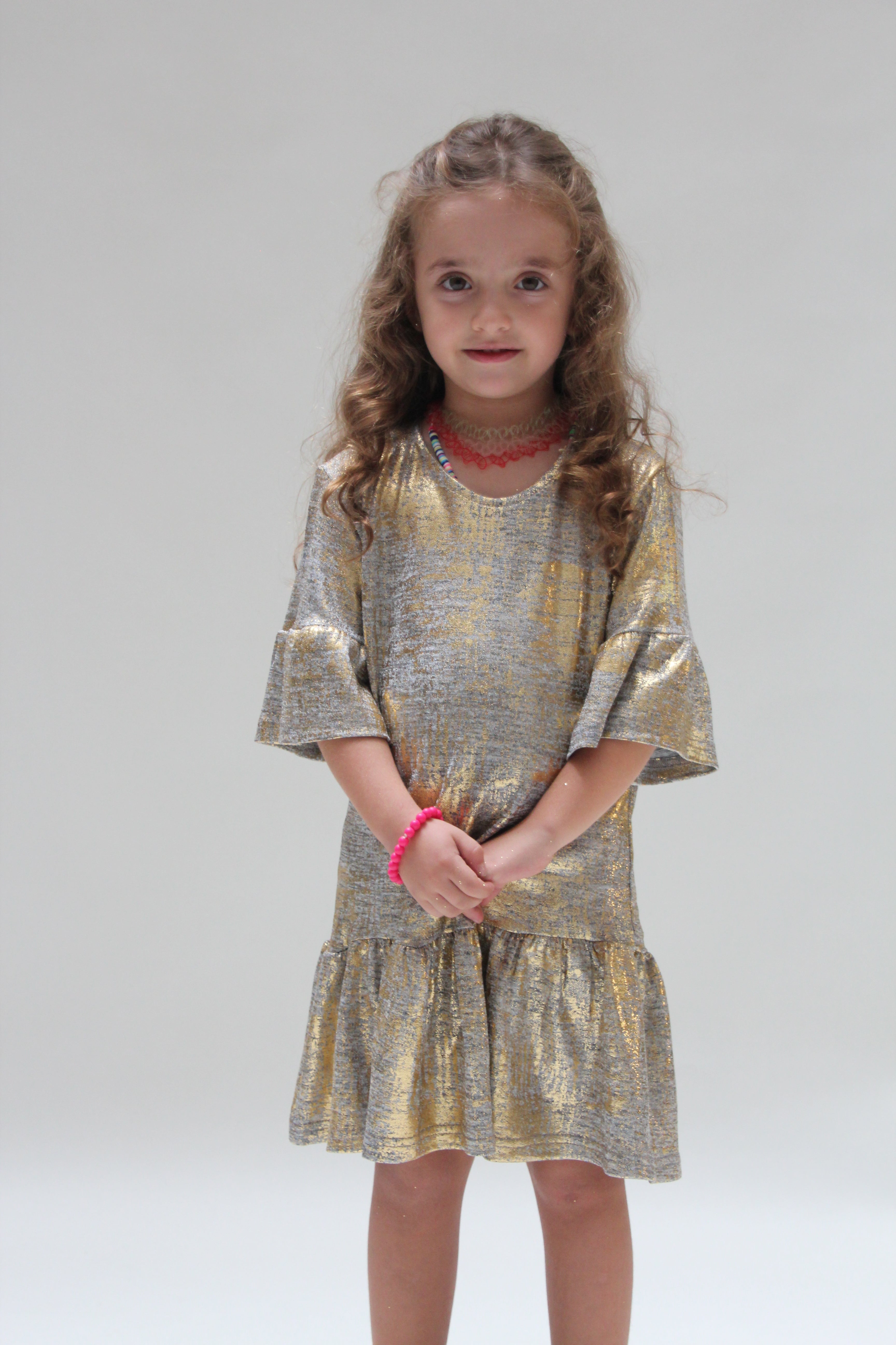 Shiny Ruffled Dress For Girls - Beige