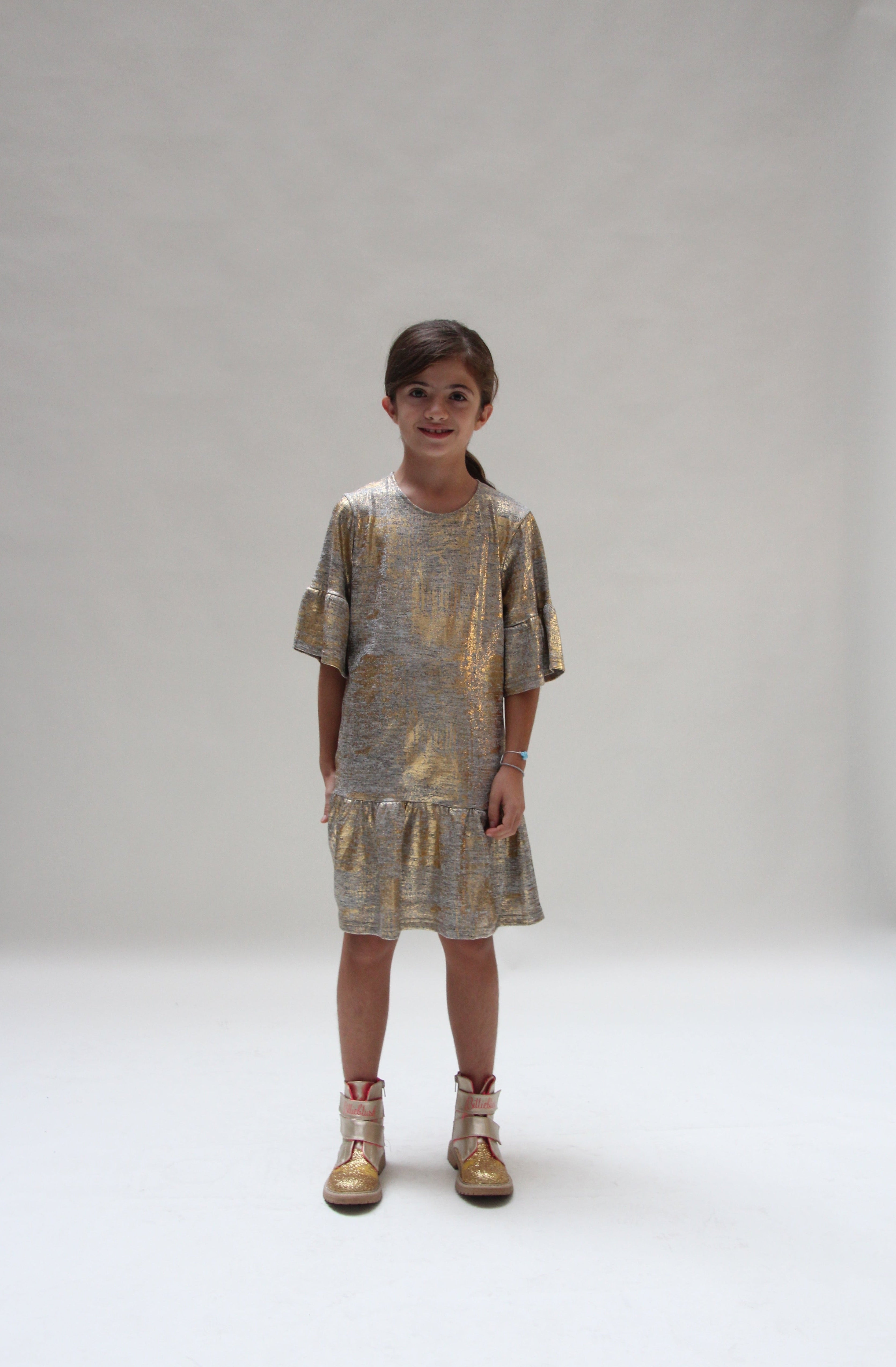 Shiny Ruffled Dress For Girls - Beige