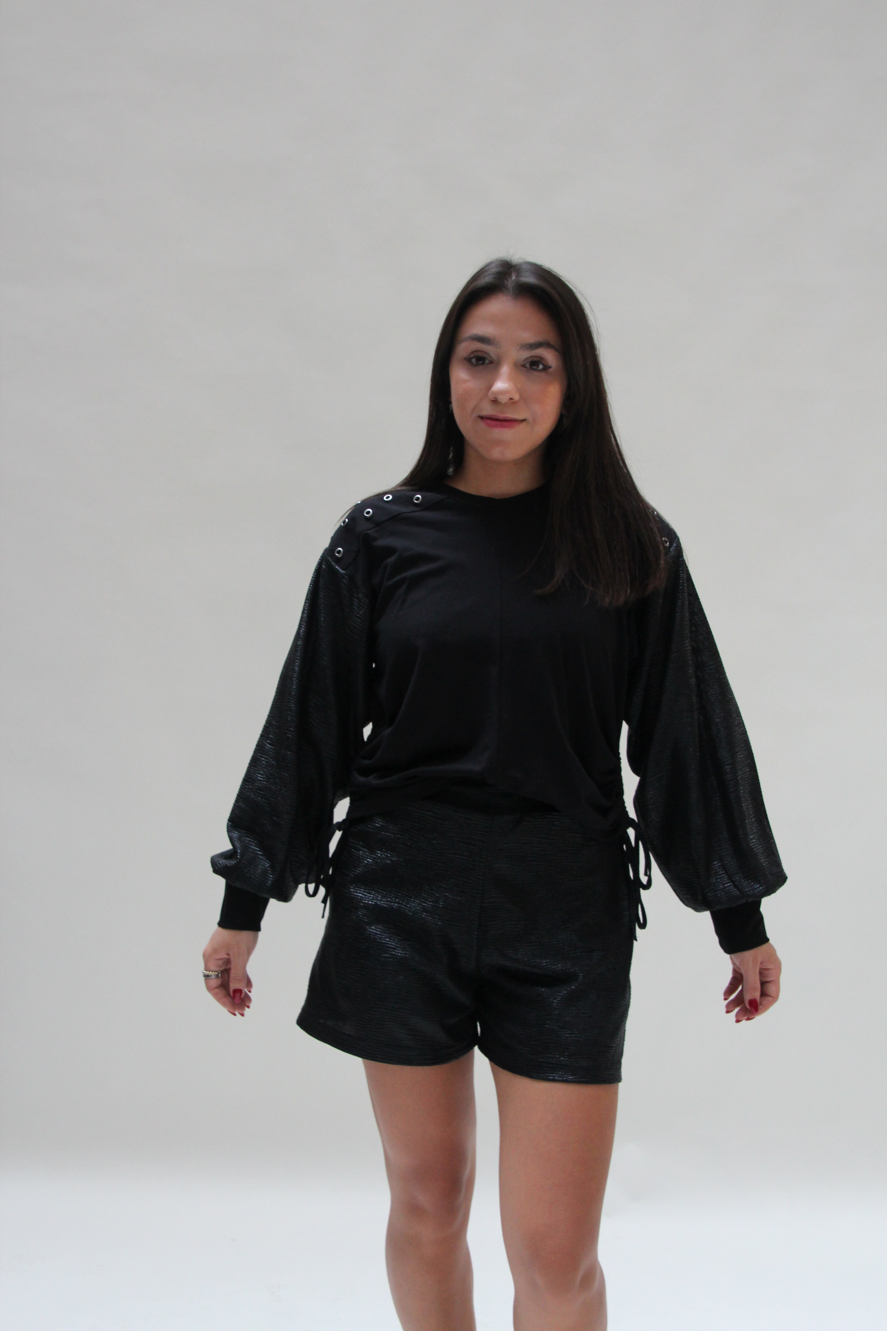 Studded Top with Shiny Sleeves For Women - Black