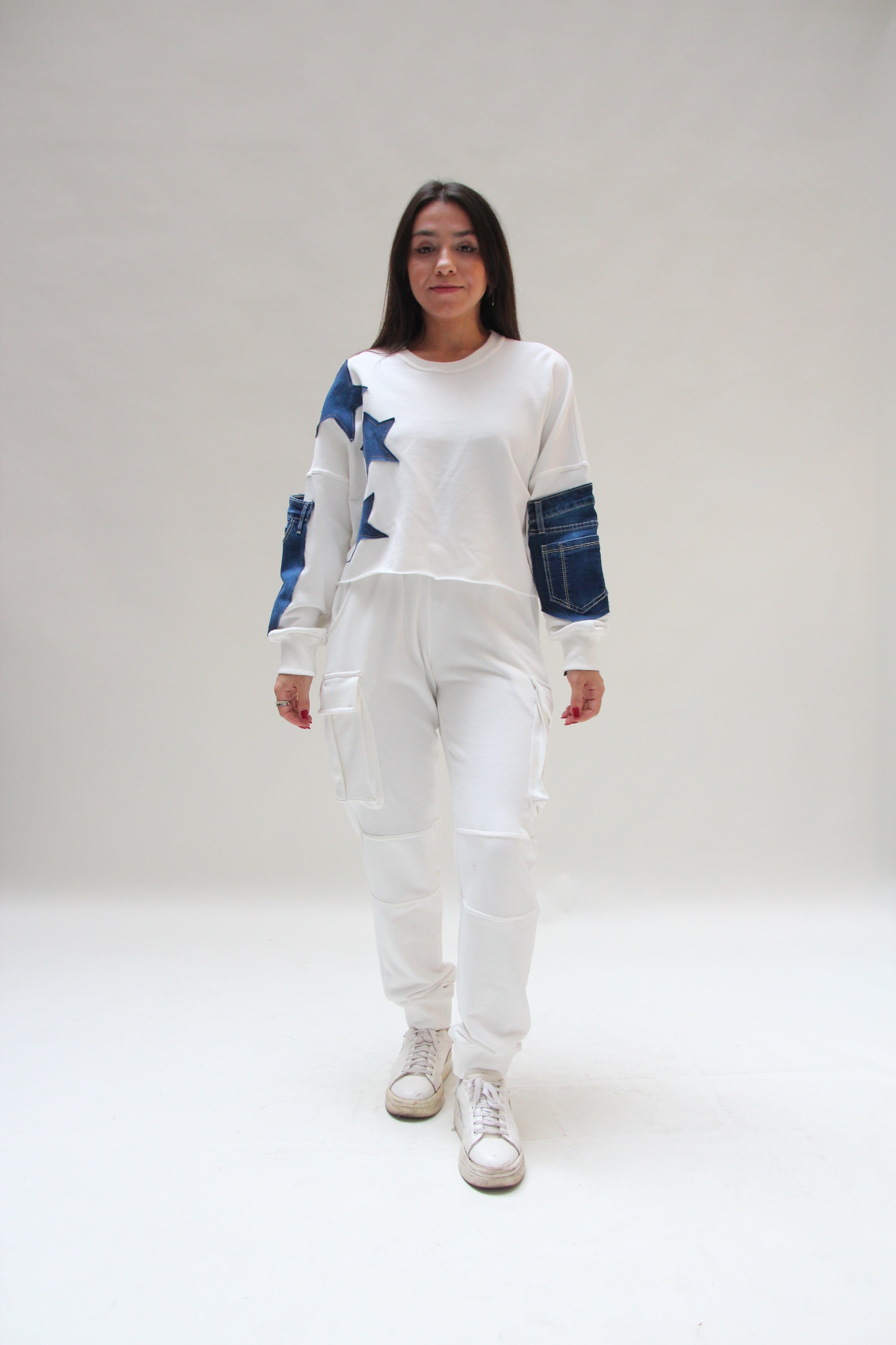 Denim Crop Sweatshirt For Women - Off White