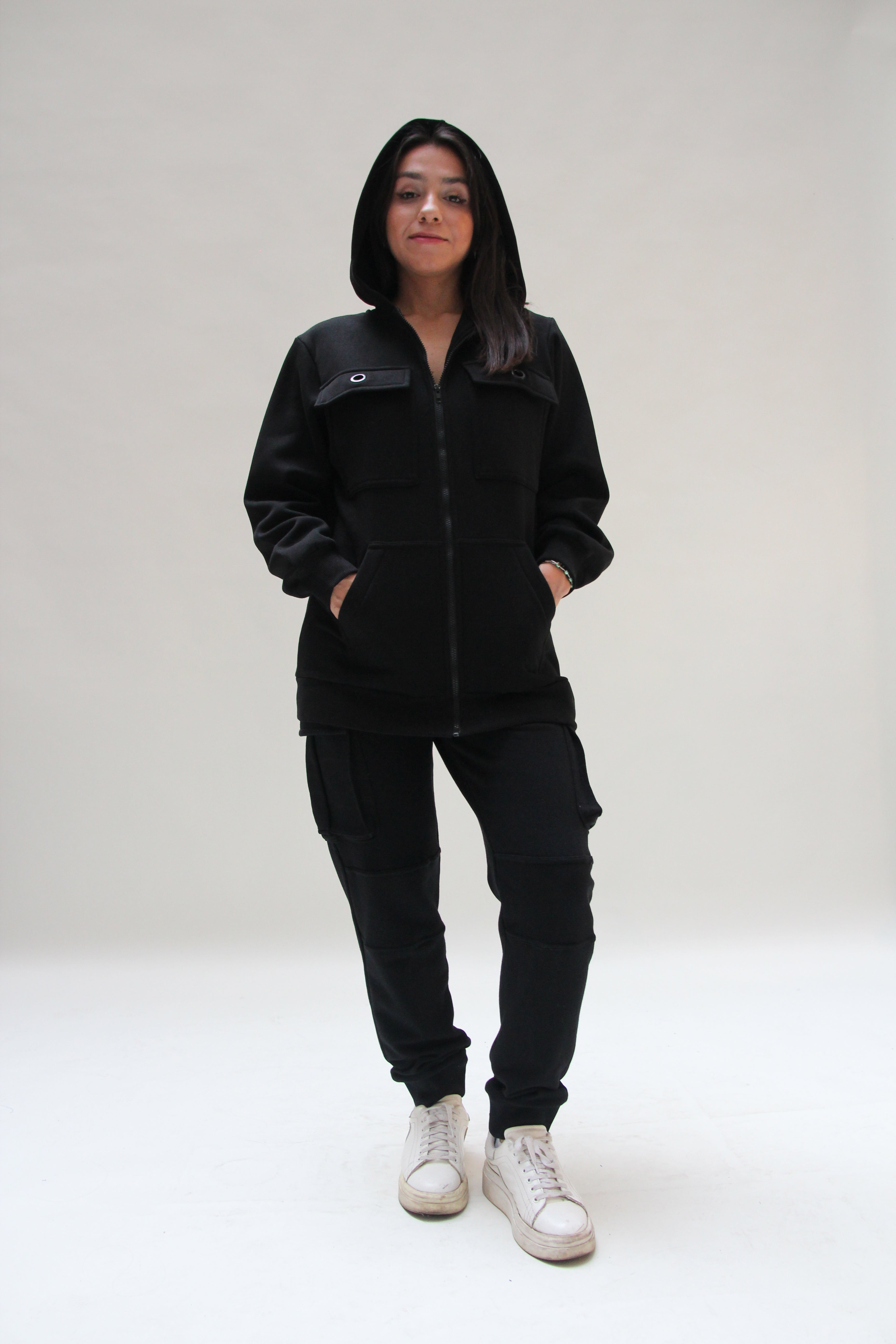 Hooded Jacket with Cargo pockets For Women - Black