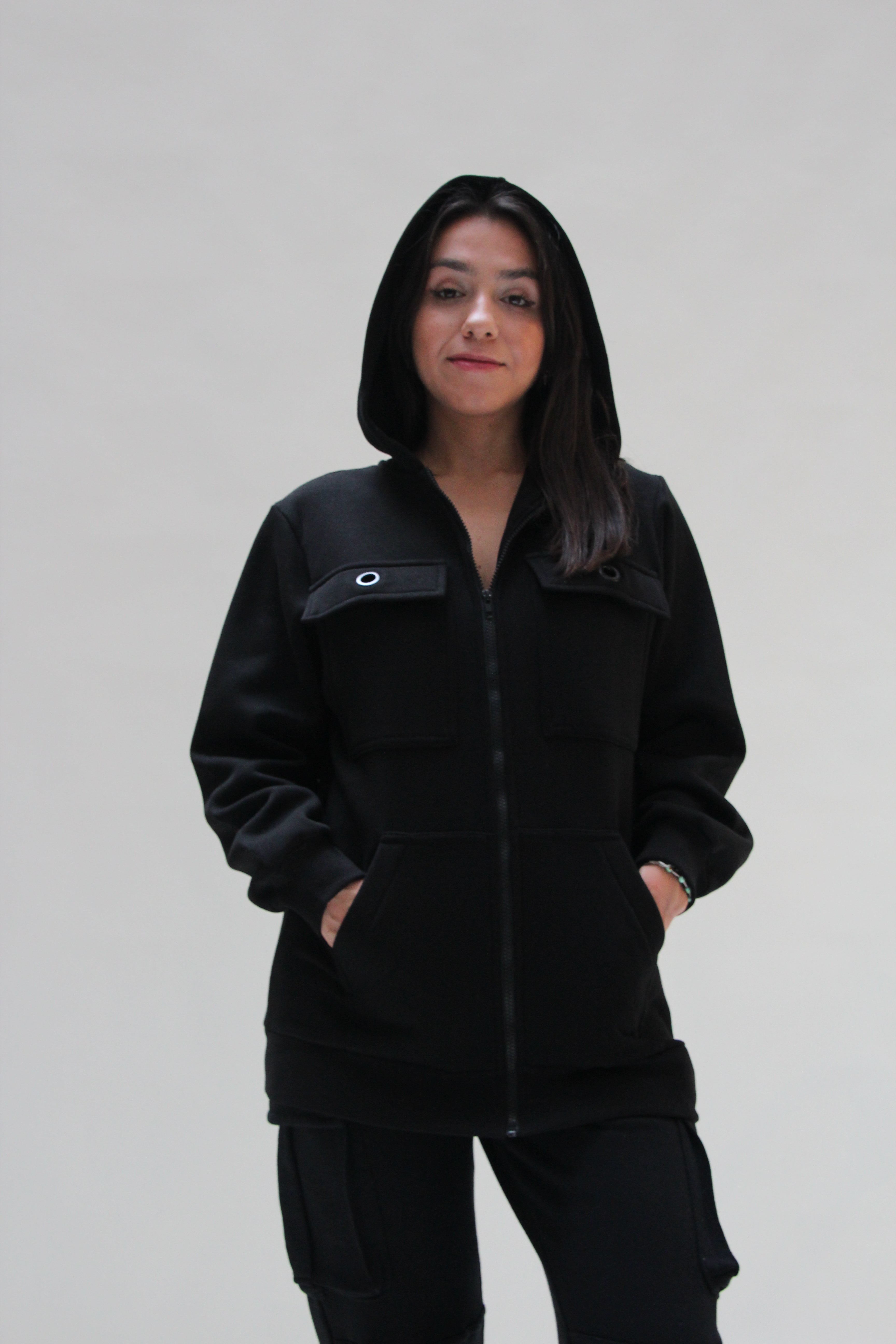 Hooded Jacket with Cargo pockets For Women - Black