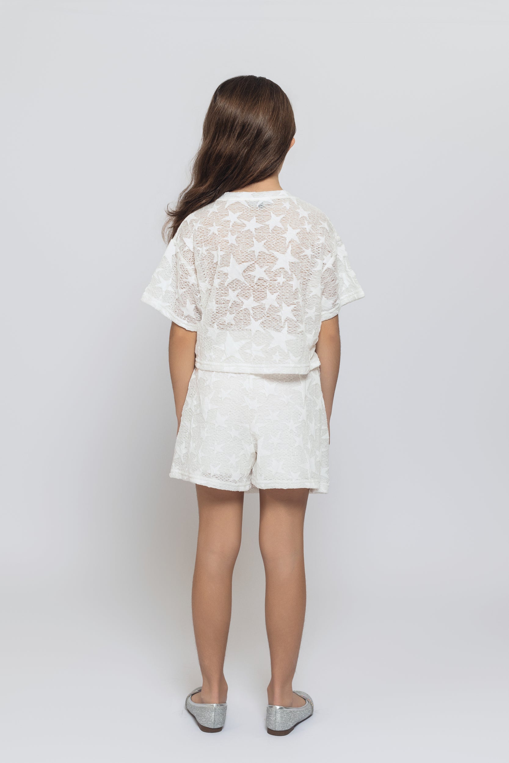 Star Top With Skirt Set For Girls - White