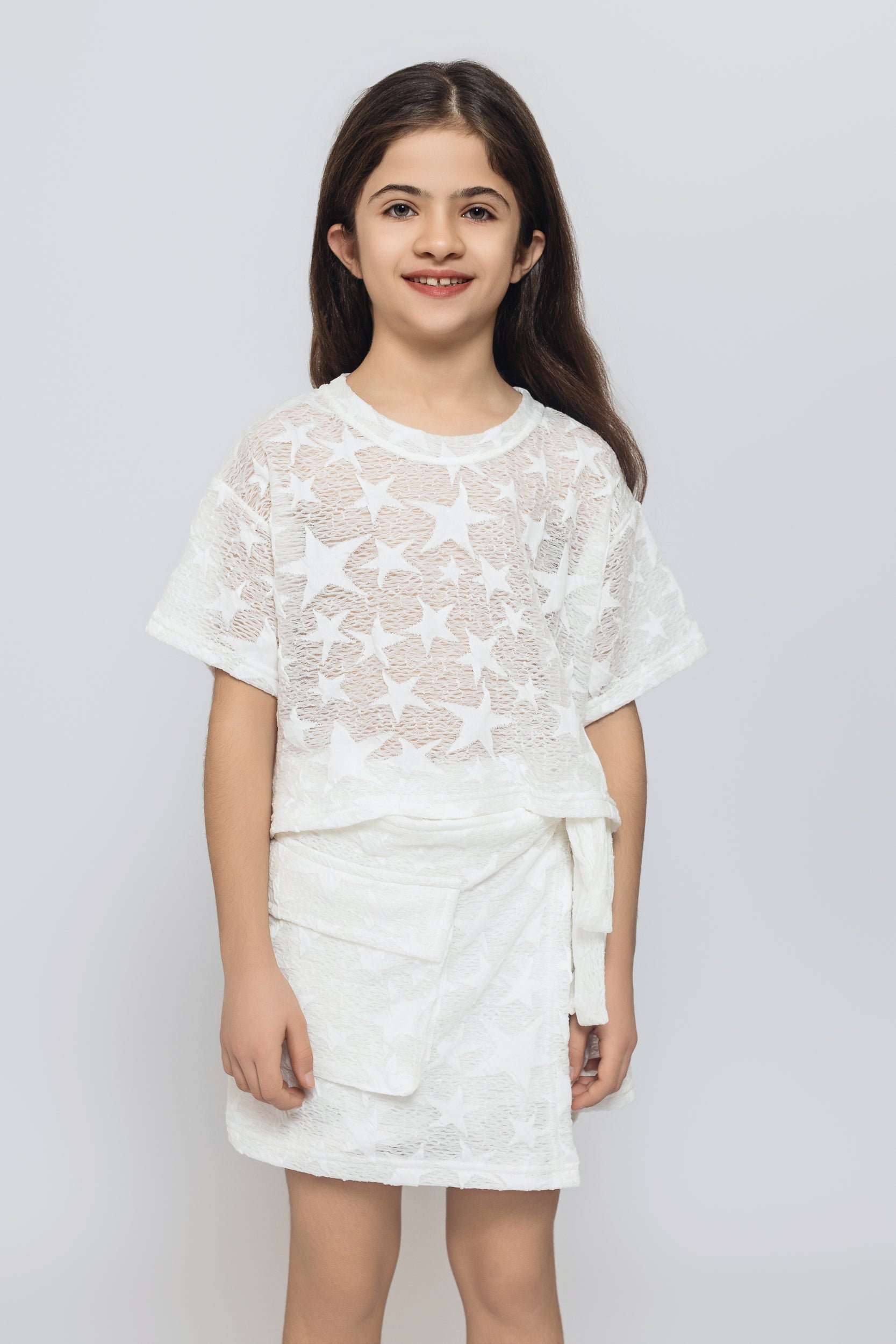 Star Top With Skirt Set For Girls - White
