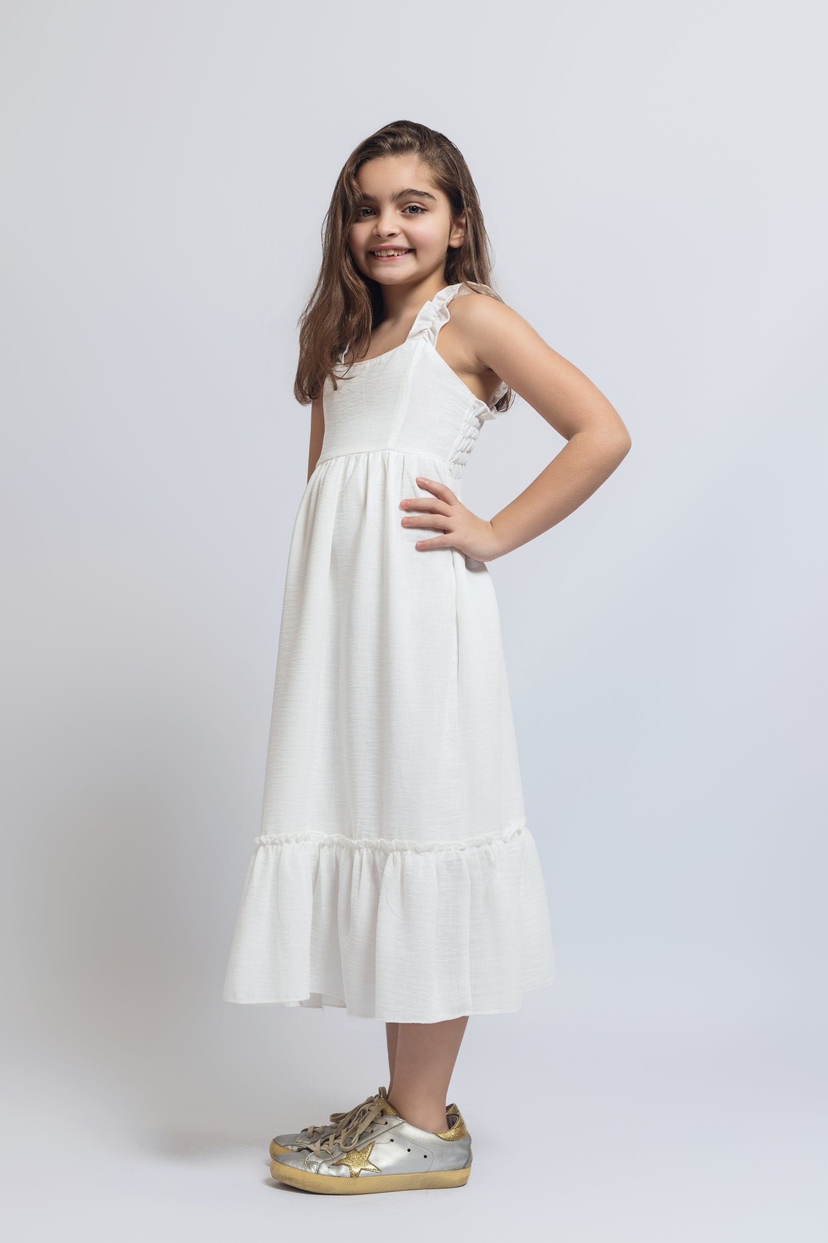 Ruffled Sleeved Dress For Girls - White