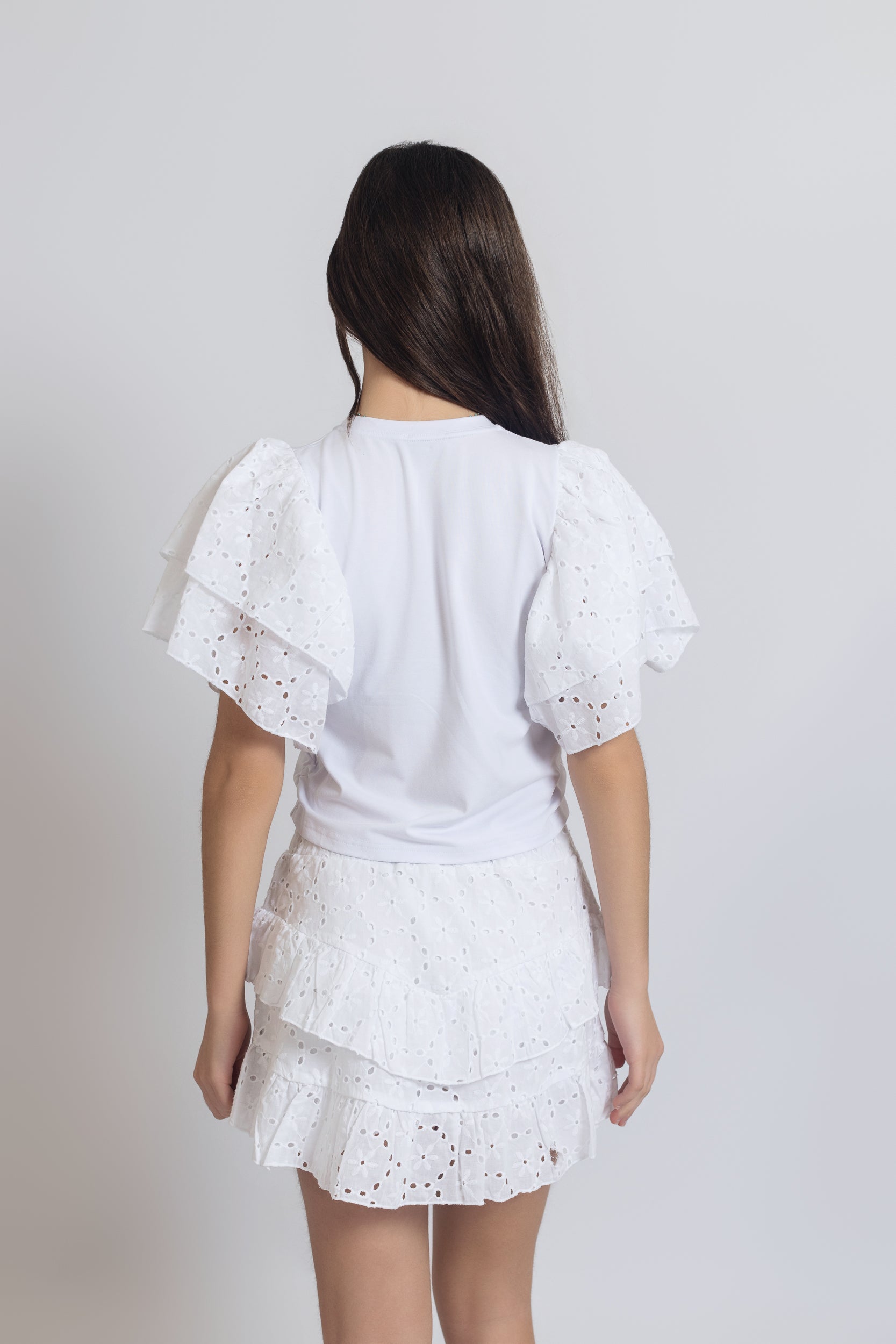Cropped Top With Broderie Anglaise Sleeves For Girls - White