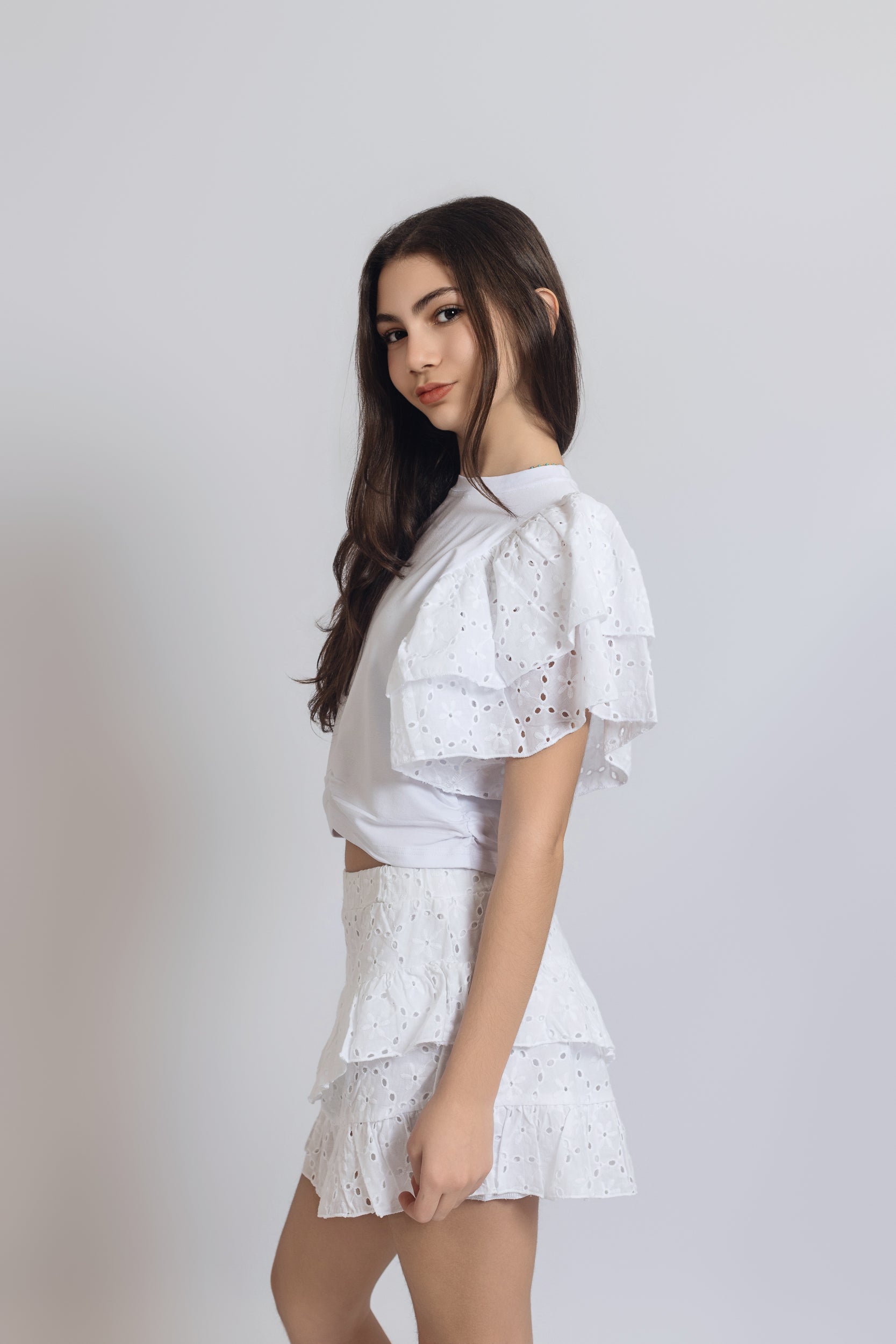 Cropped Top With Broderie Anglaise Sleeves For Girls - White