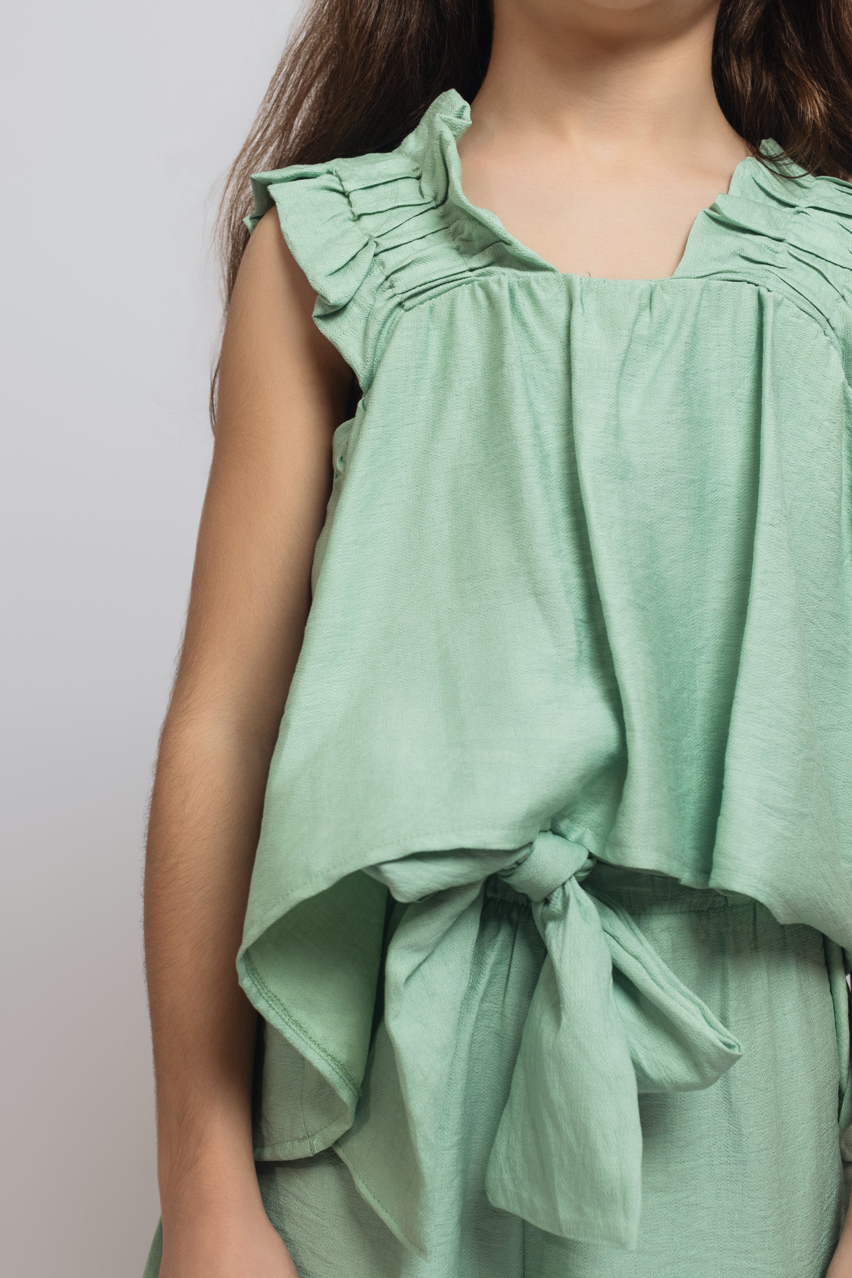 Ruffled Top with Short Set For Girls - Mint Green