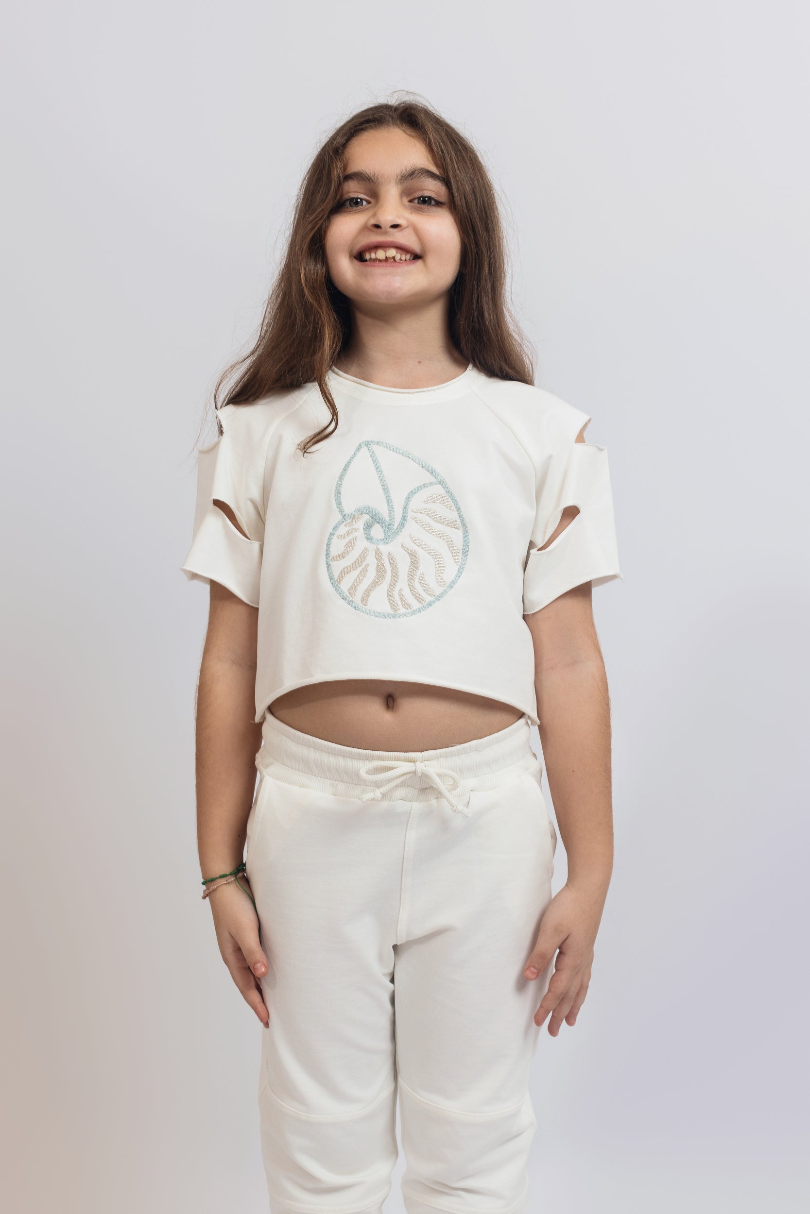 Seashell Crop Top Cutout Sleeves For Girls - Off White