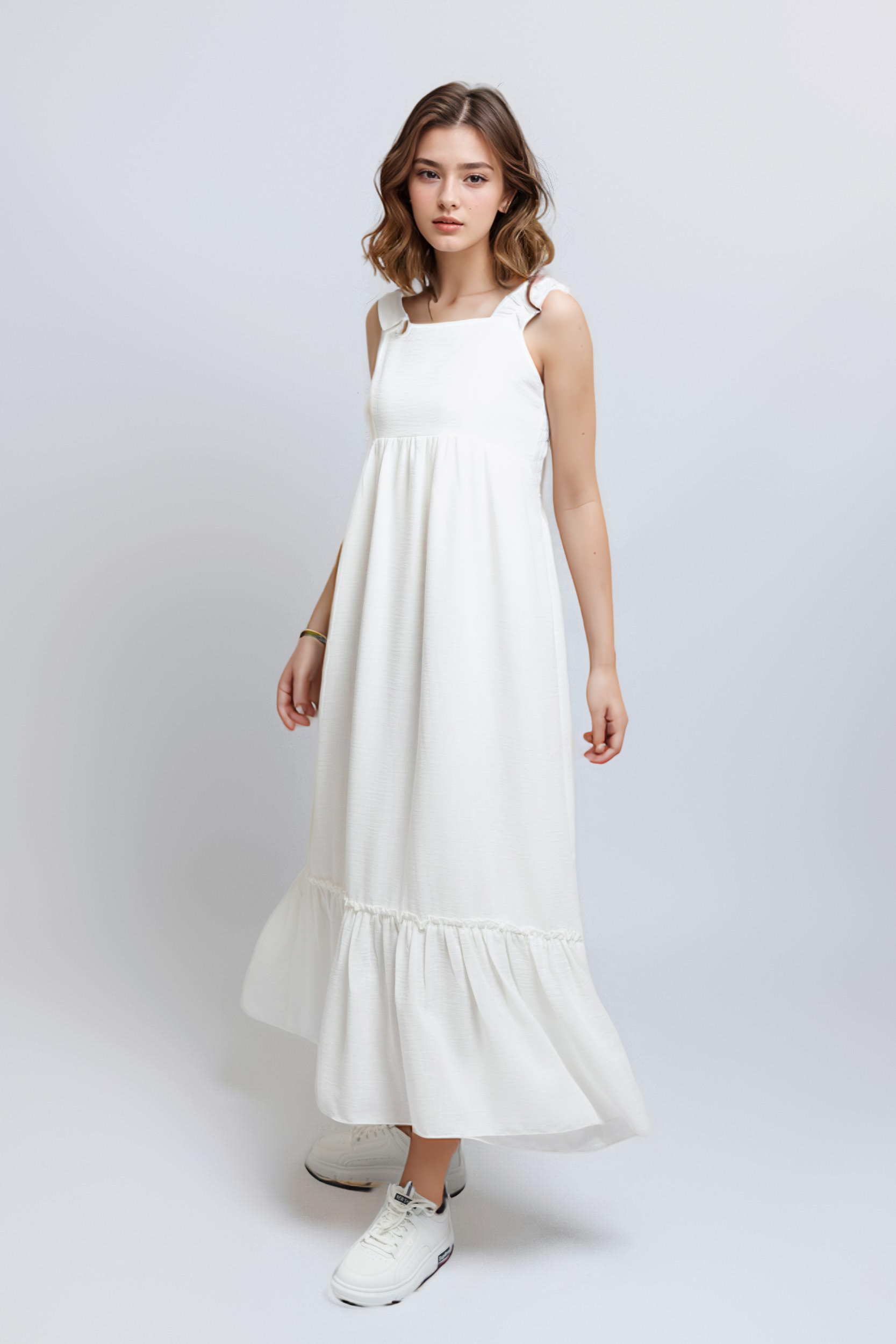 Ruffled Sleeved Dress For Women - White