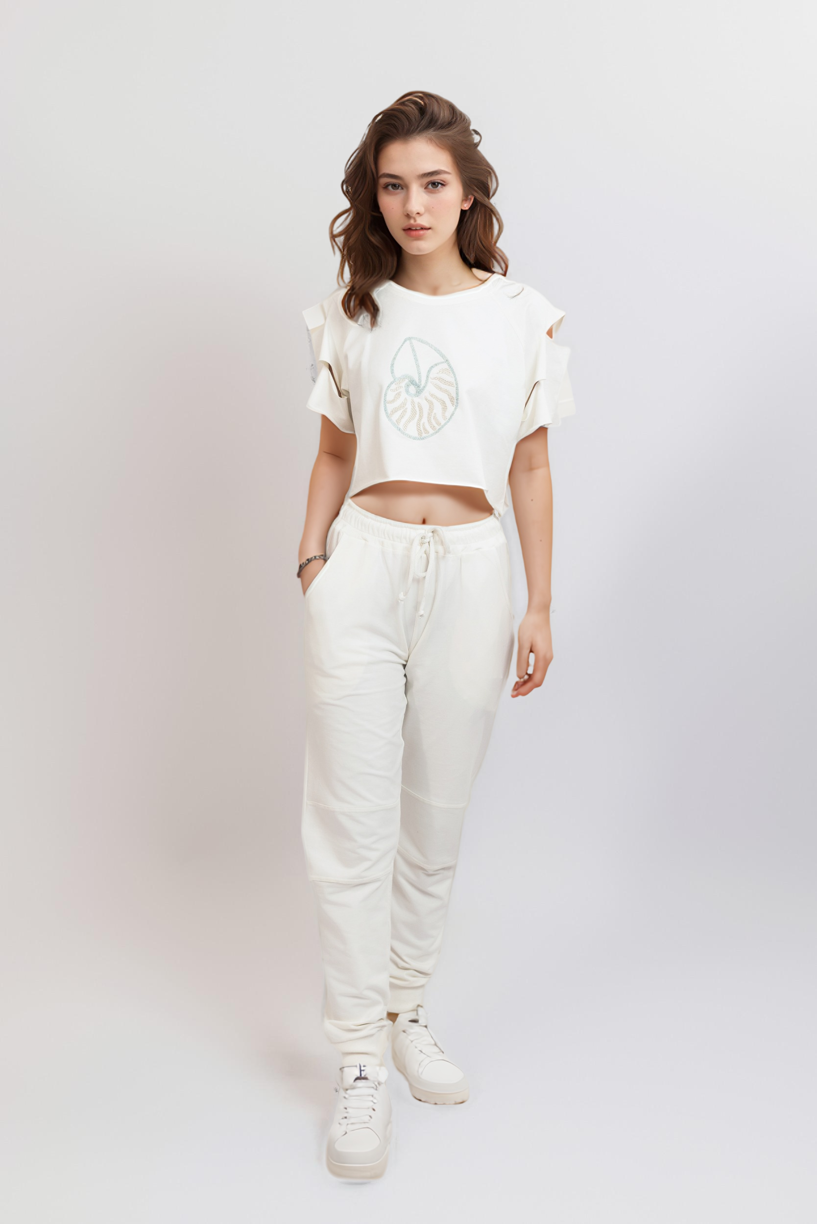 Seashell Crop Top Cutout Sleeves For Women - Off White