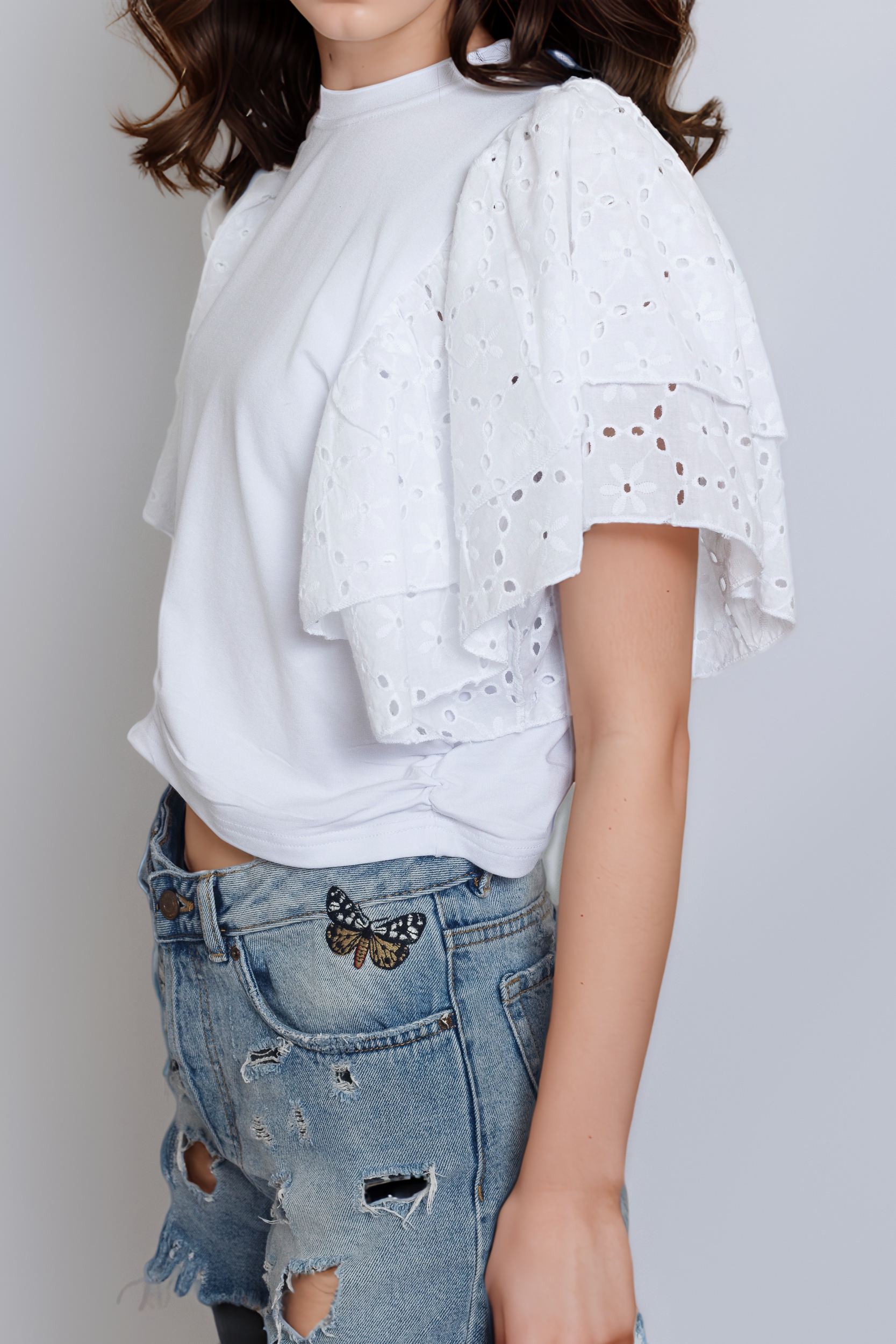 Cropped Top With Broderie Anglaise Sleeves For Women - White
