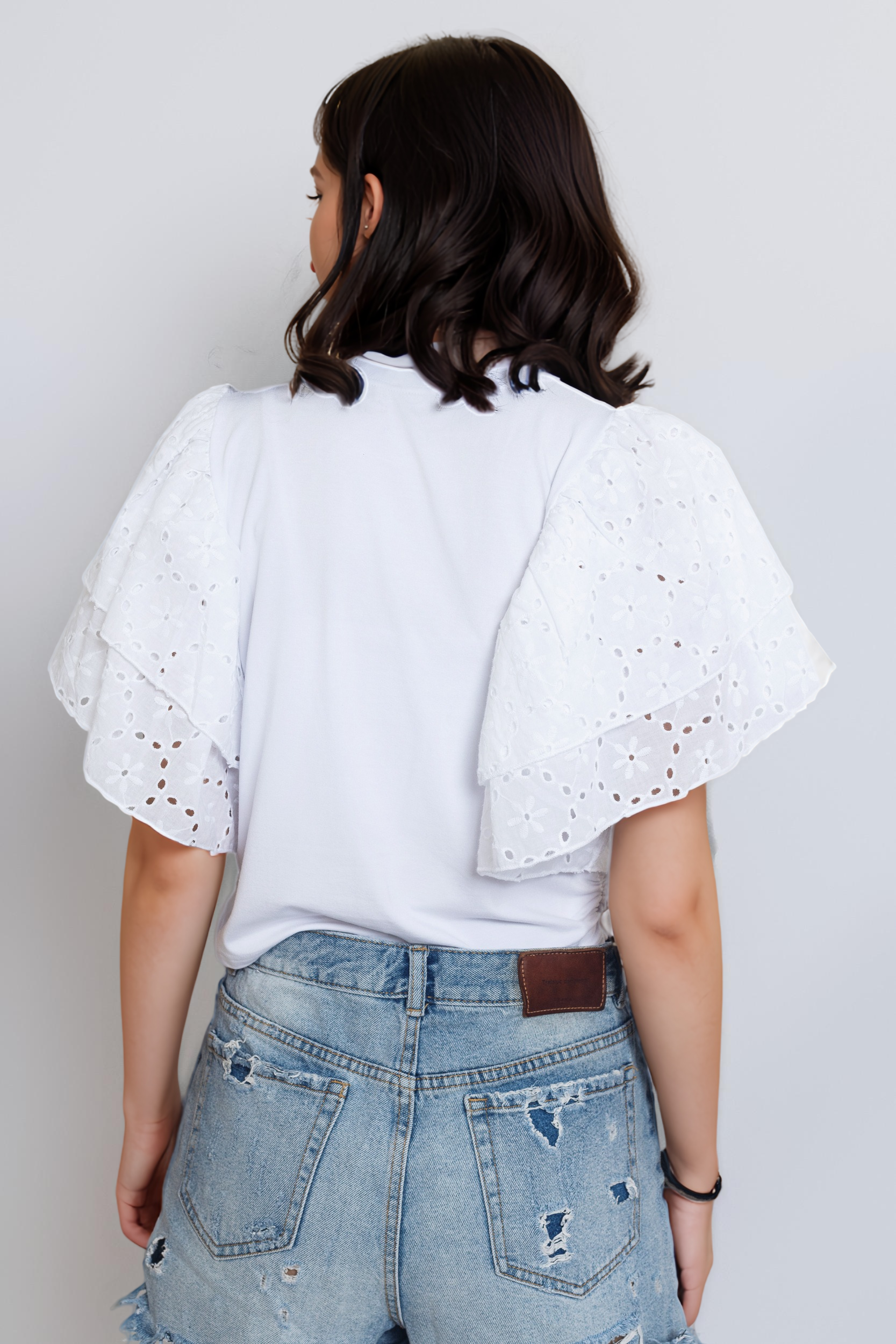 Cropped Top With Broderie Anglaise Sleeves For Women - White