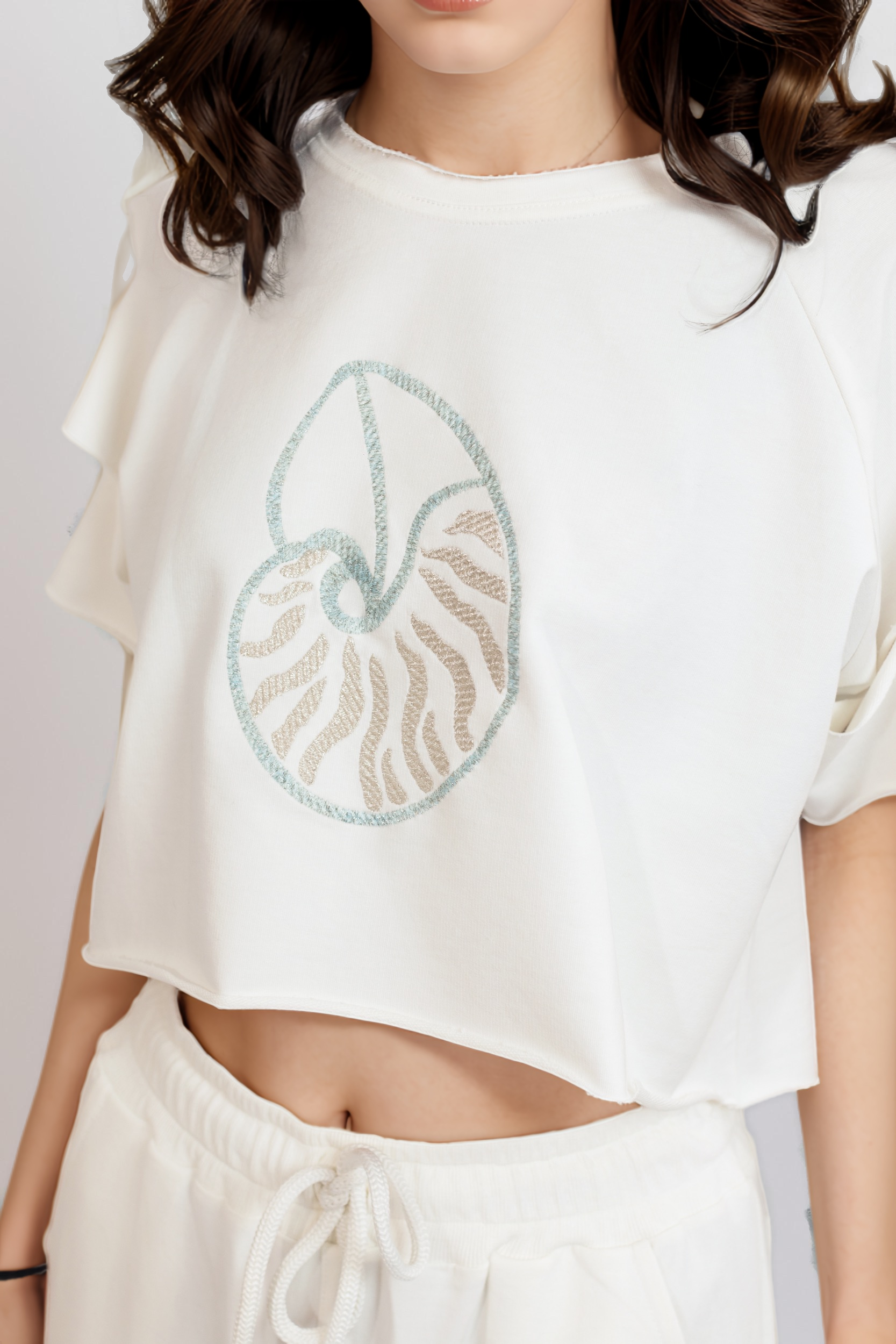 Seashell Crop Top Cutout Sleeves For Women - Off White