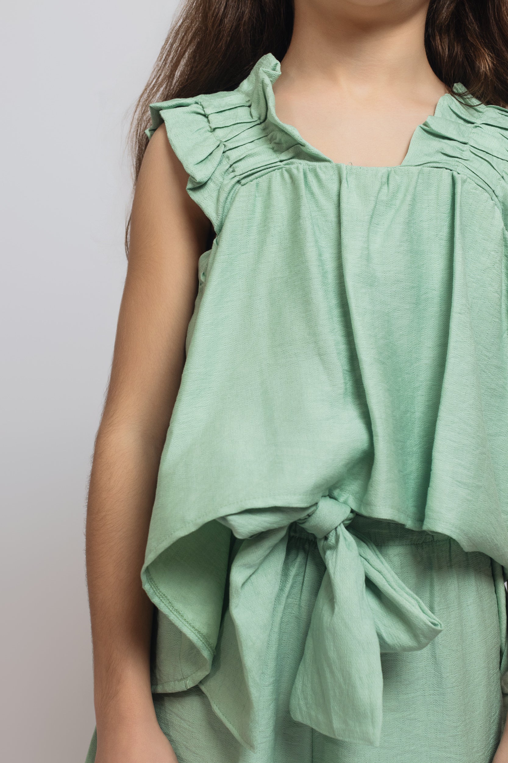 Ruffled Top with Short Set For Girls - Mint Green - Pear